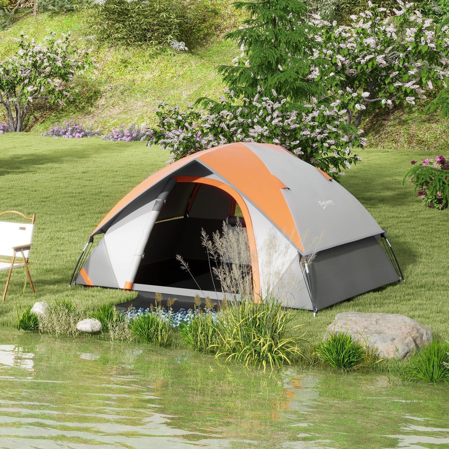 Outsunny Three Man Single Room Dome Tent, with Accessories - Orange/Grey