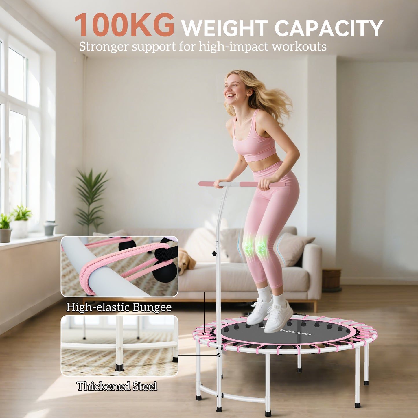 SPORTNOW 40" Fitness Trampoline, Mini Rebounder for Adults with 5-Level Adjustable Handle, Indoor Bungee, Max Load 100KG, Pink