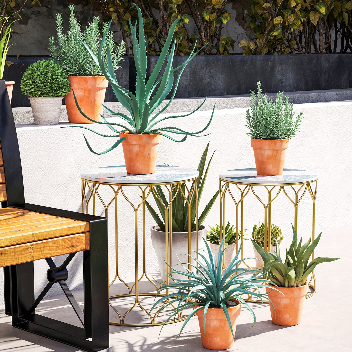 Outsunny Garden Side Tables Set of 2, Nesting, Ceramic Tile Top, Indoor/Outdoor Metal Frame, Multicoloured