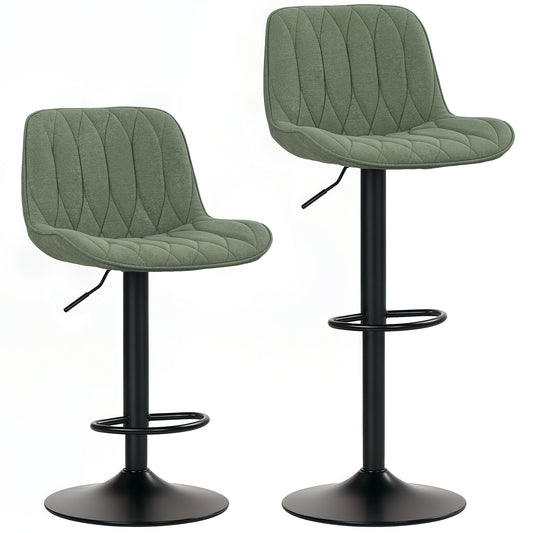 HOMCOM Bar Stools Set of 2, Adjustable Swivel with Backrest & Footrest, Linen Upholstered Armless Bar Chairs for Kitchen, Green