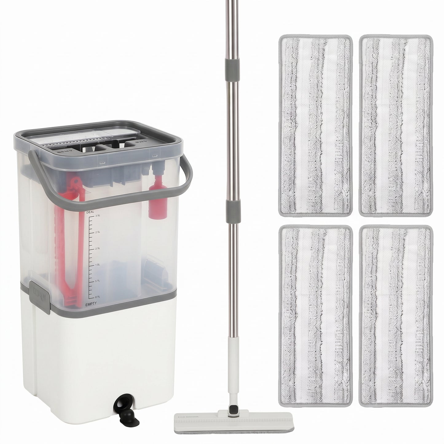 HOMCOM Mop and Bucket Set, Compact Flat Mop and Bucket with Wringer, 2-Chamber Design, 5 Reusable Microfiber Pads, White