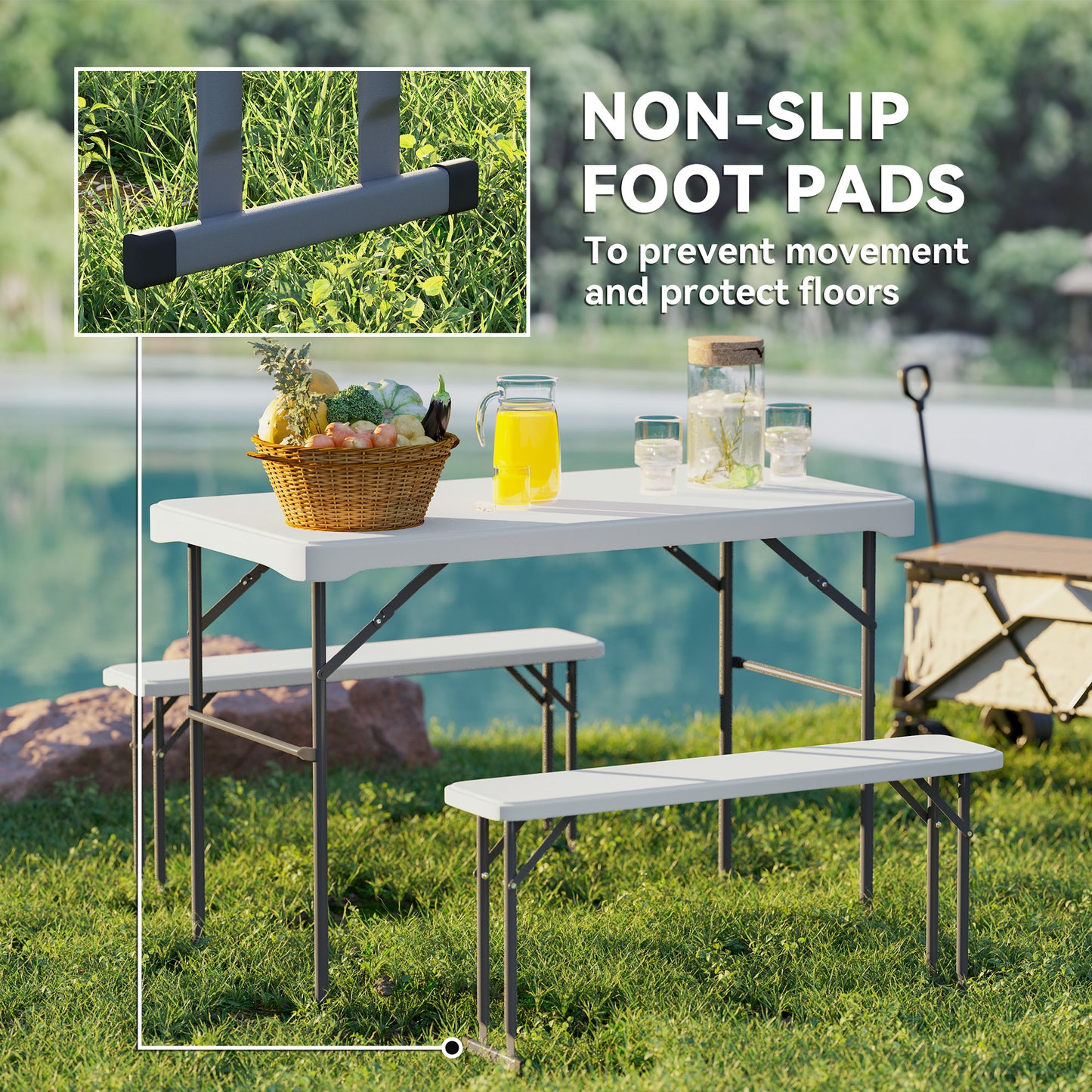 Outsunny 3 Piece Folding Picnic Table & Bench Set, Portable HDPE with Carry Handle for Indoor/Outdoor, Light Grey