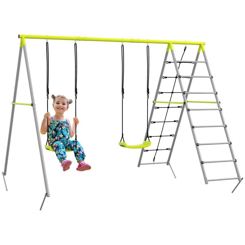 Outsunny Four-In-One Metal Garden Swing Set, with Two Swings, Climber, Climbing Net - Green