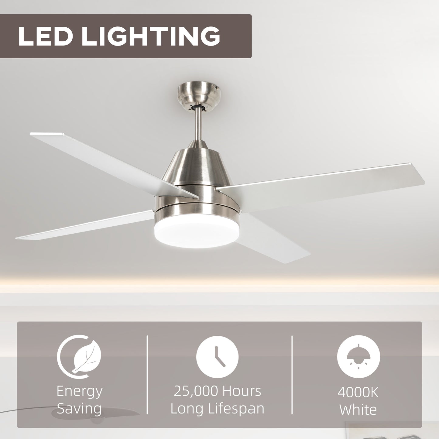 HOMCOM Ceiling Fan with LED Light Flush Mount Ceiling Fan Lights with Reversible Blades Remote Silver and Black