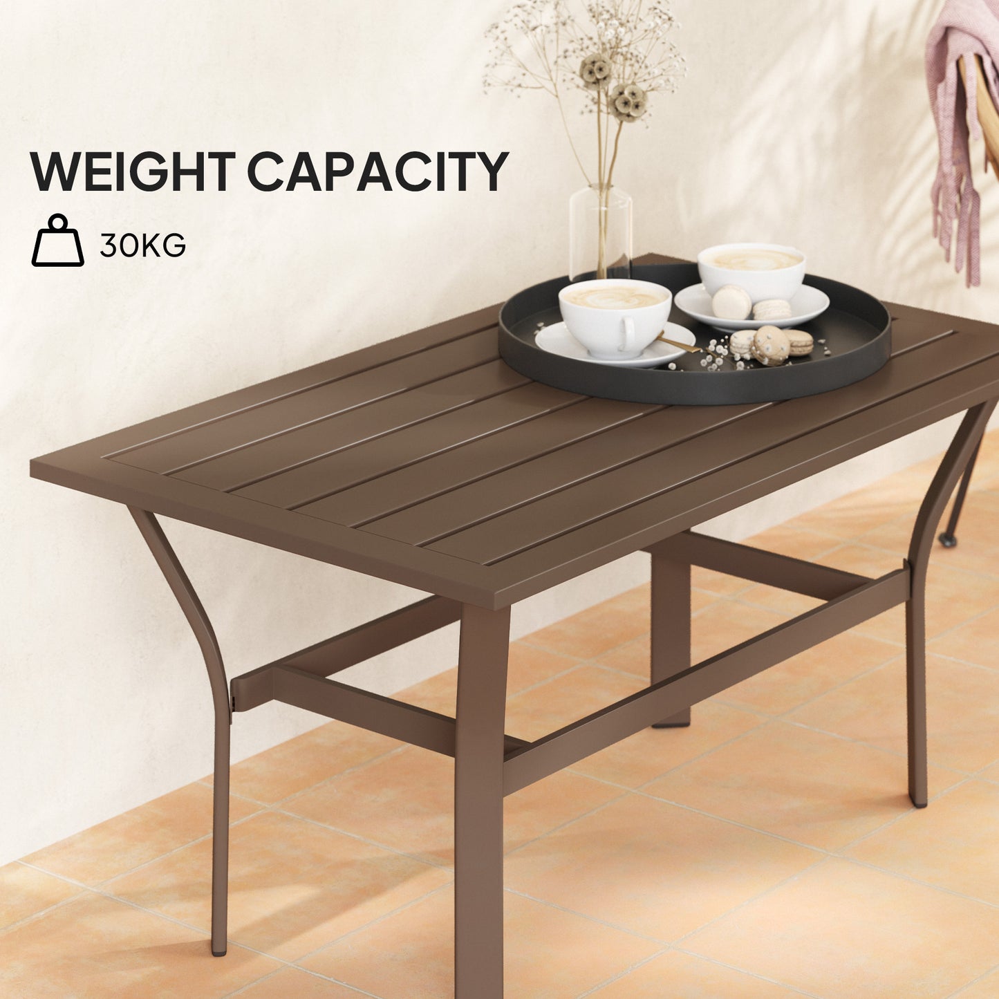 Outsunny Metal Garden Coffee Table, Rectangular Outdoor Side Table with Slatted Tabletop and Foot Pads for Garden or Porch, Brown
