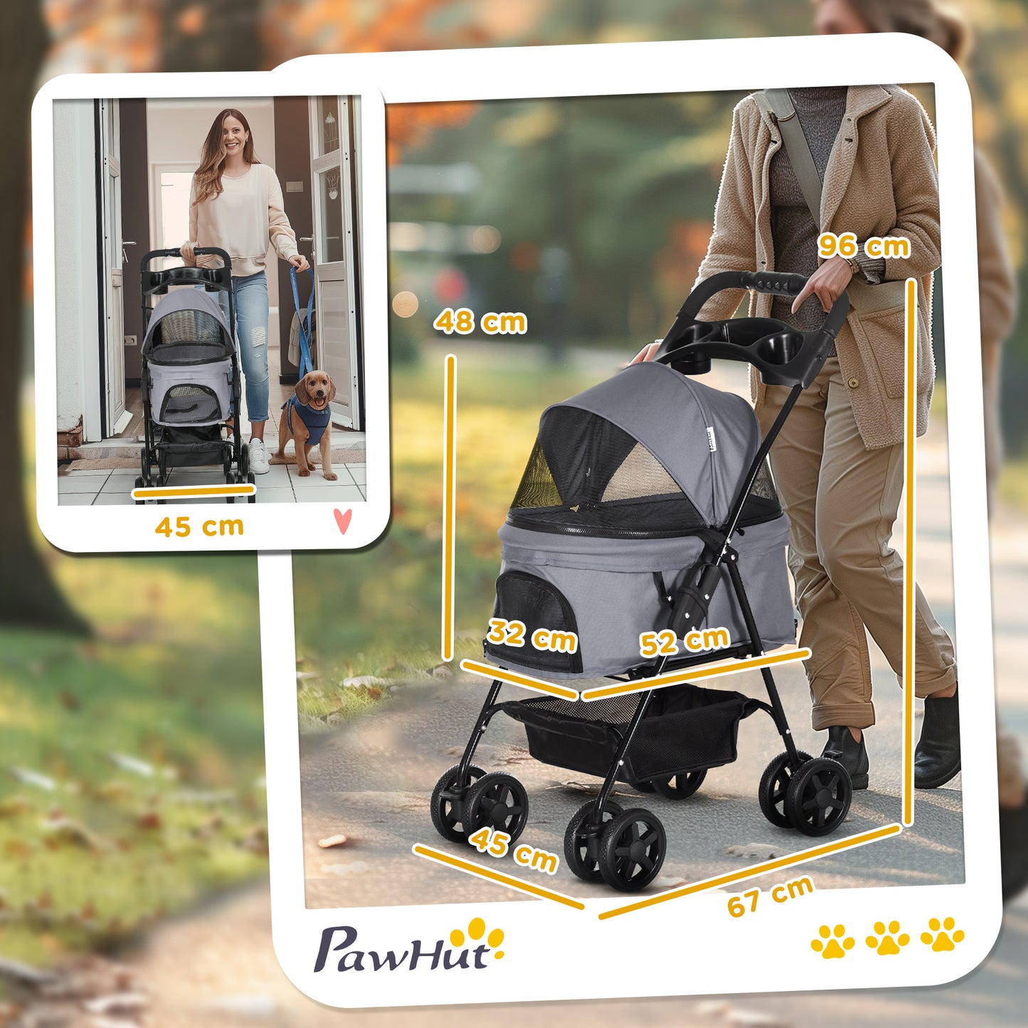 PawHut Pet Stroller No-Zip Foldable Travel Carriage with Brake Basket Adjustable Canopy