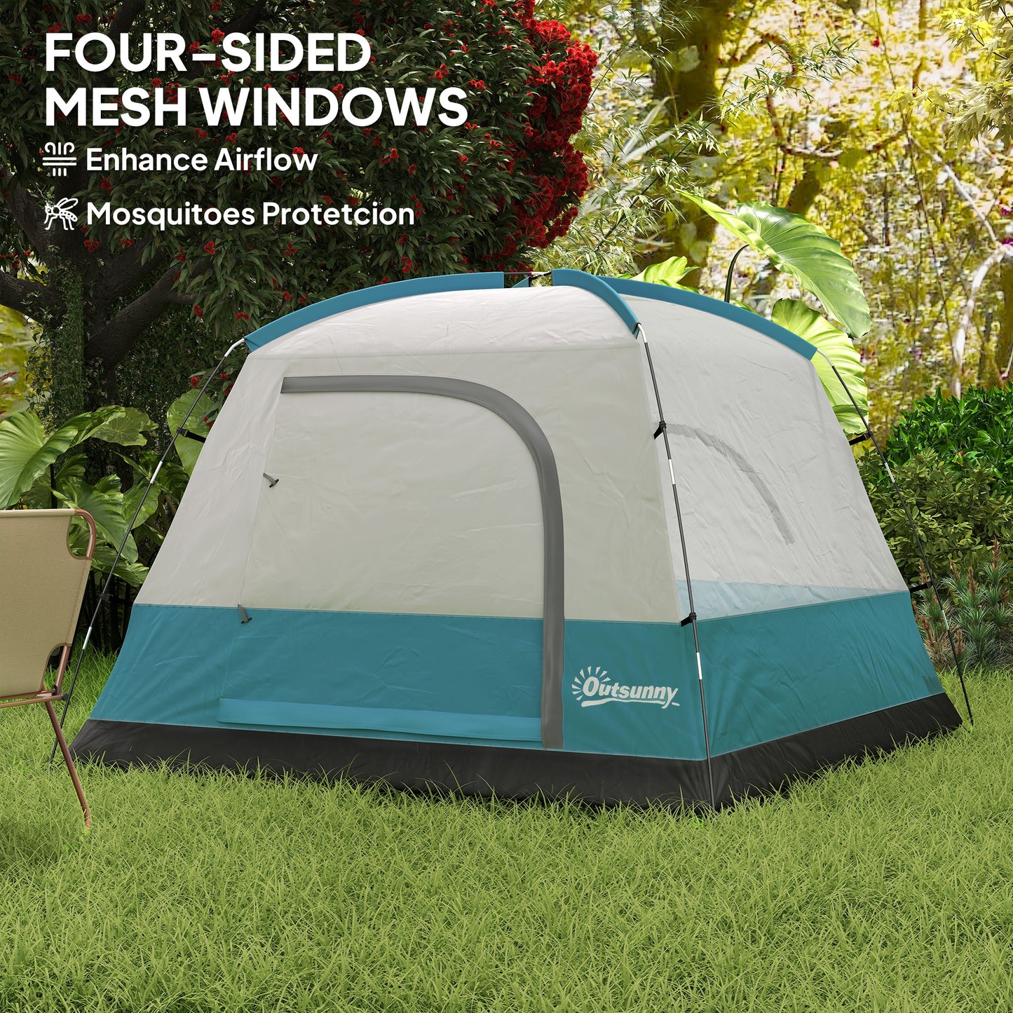 Outsunny 3-4 Person Easy Set Up Waterproof Dome Camping Tent with Groundsheet, Mesh Windows, Pocket, Hook, Navy Blue/Light Blue