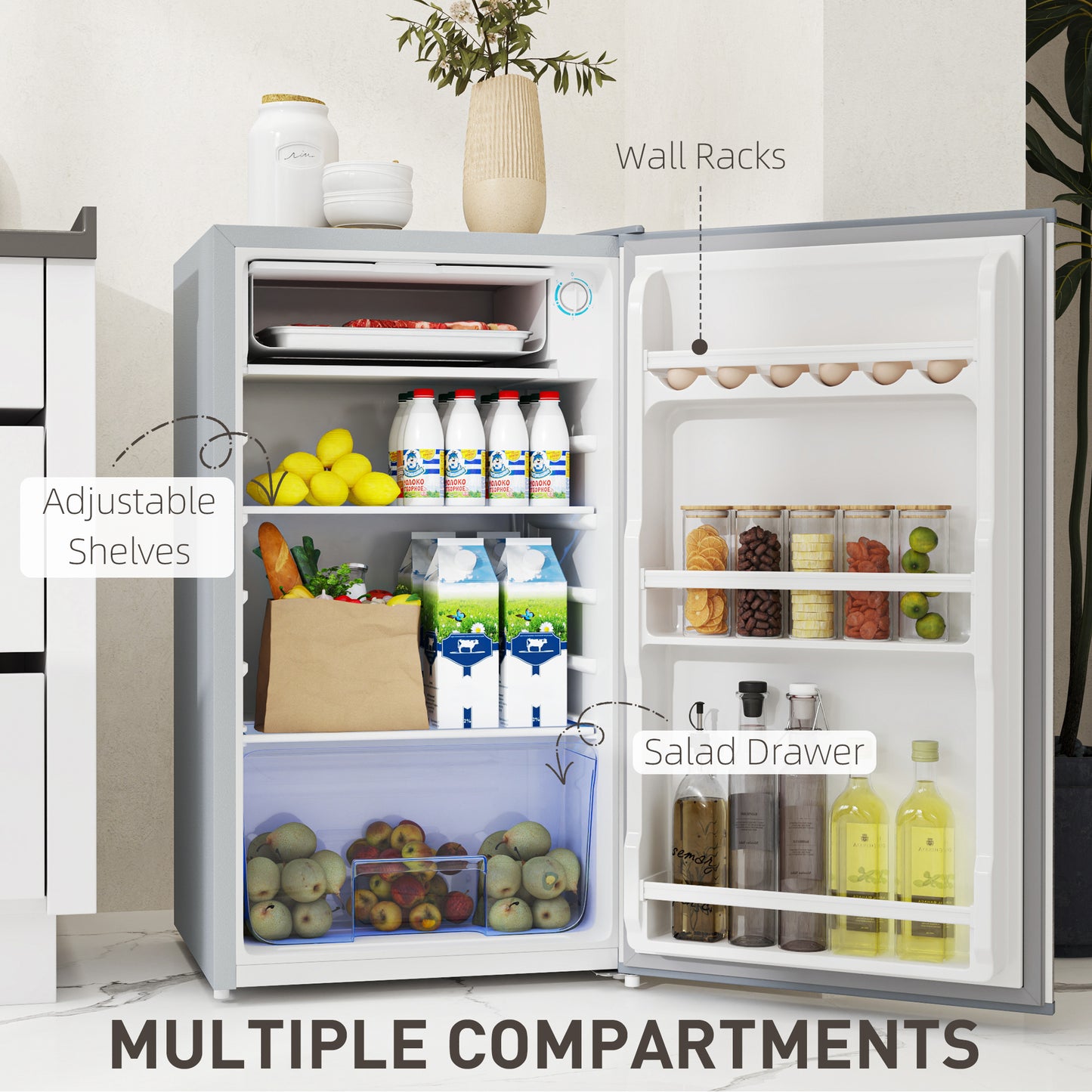 HOMCOM 91L Freestanding Under-Counter Fridge with Lock - Silver Tone