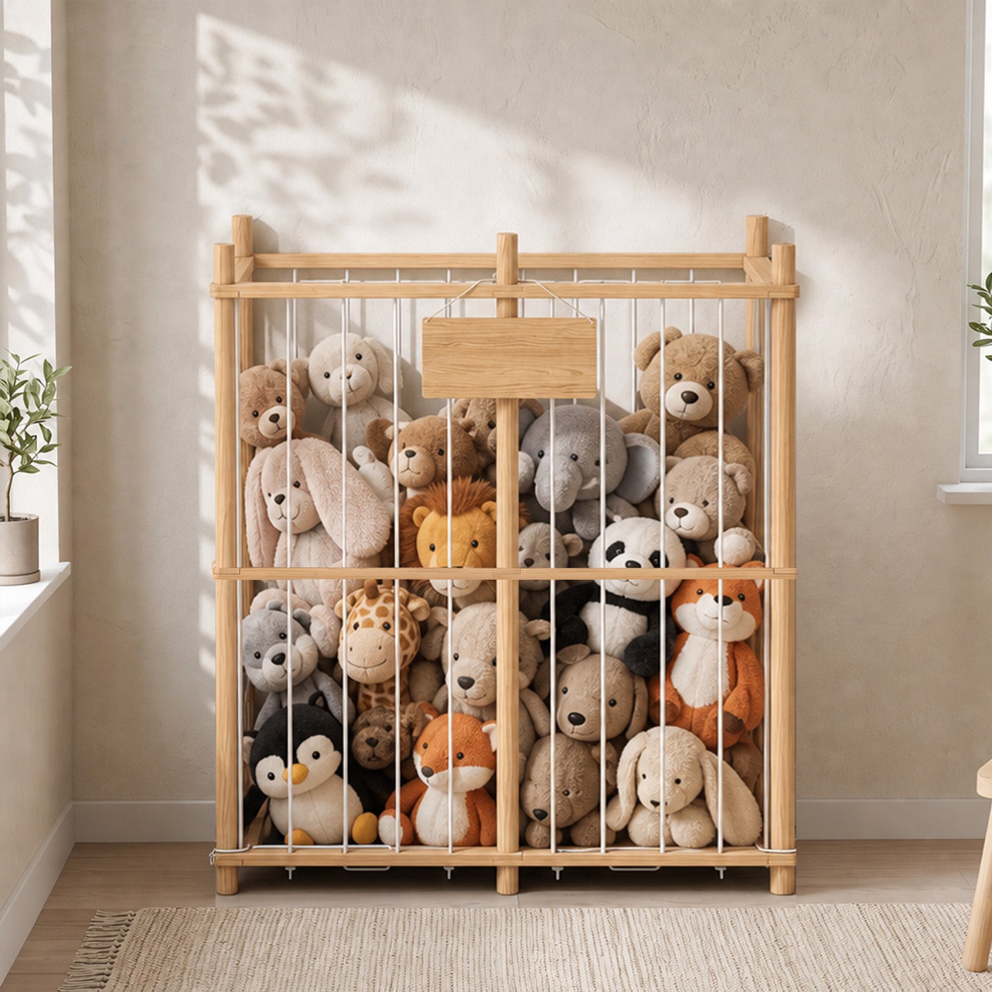 AIYAPLAY Stuffed Animal Storage Organiser, Wooden Storage Zoo with Rounded Corners for Nursery, Kids Room, Playroom, Natural