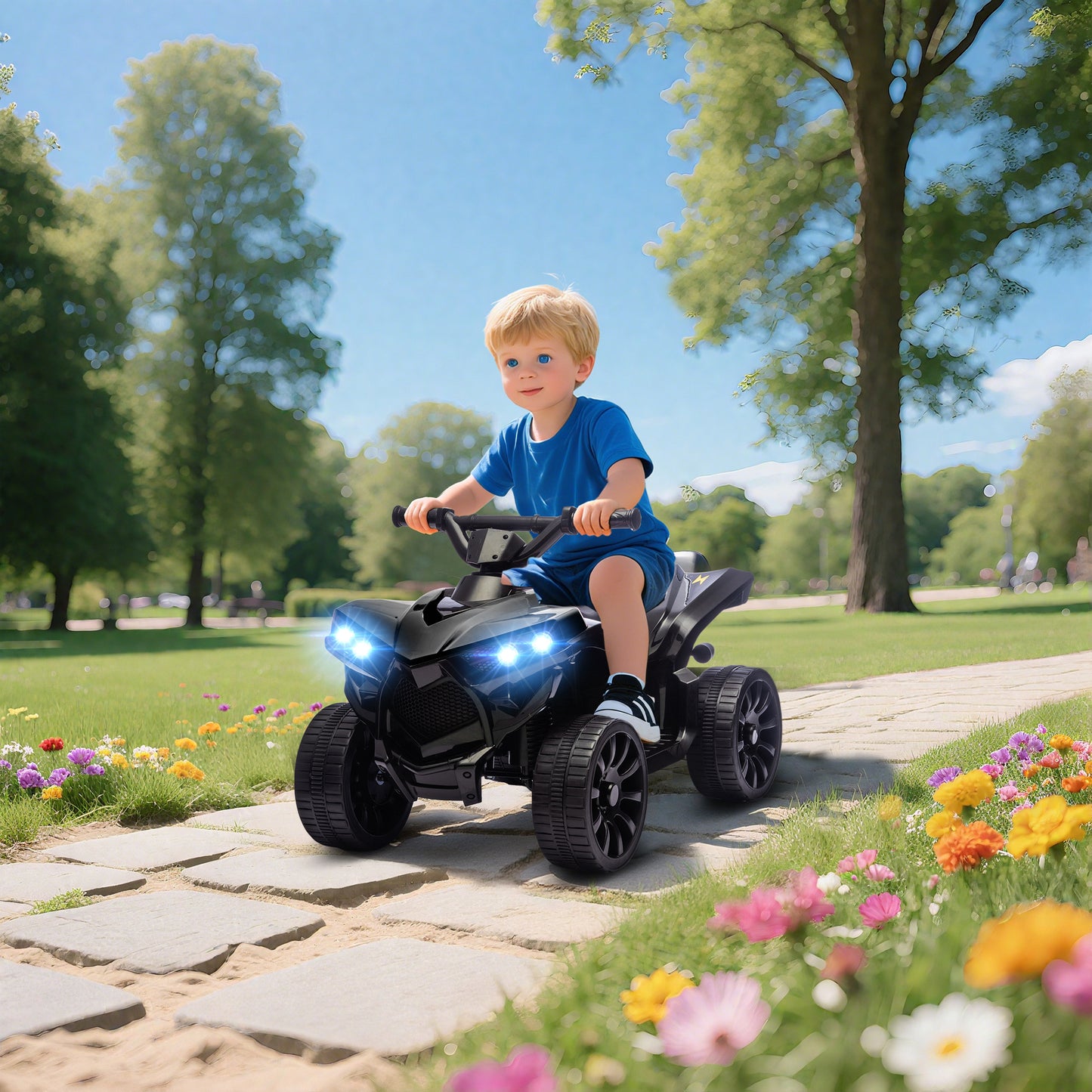 AIYAPLAY 6V Kids ATV, 4 Wheeler Electric Ride on Car with Music and LED Headlights, for Ages 3-8 Years Boys and Girls, Black