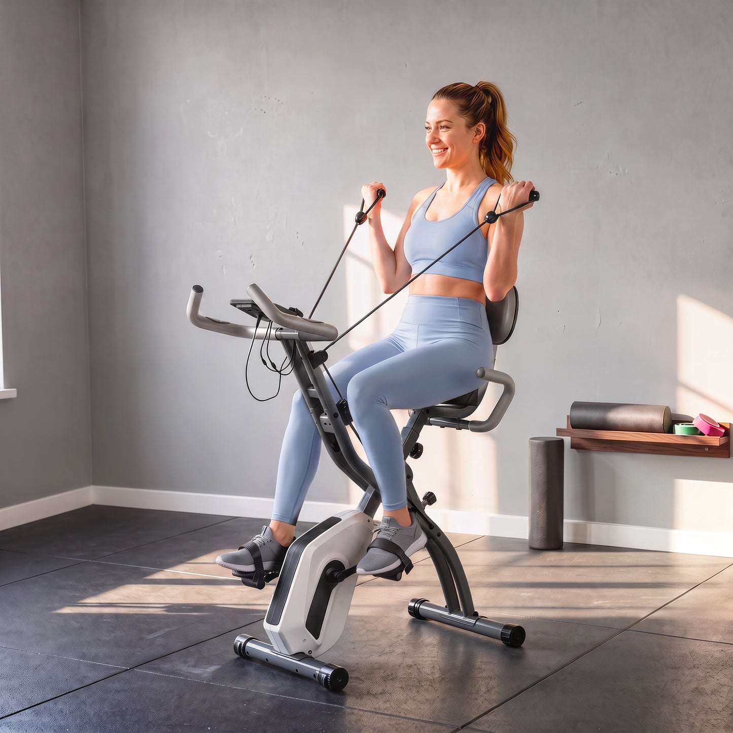 SPORTNOW 4-In-1 Folding Exercise Bike with Resistance Bands, Bluetooth App, 8-Level Magnetic Resistance, LCD Display, Grey