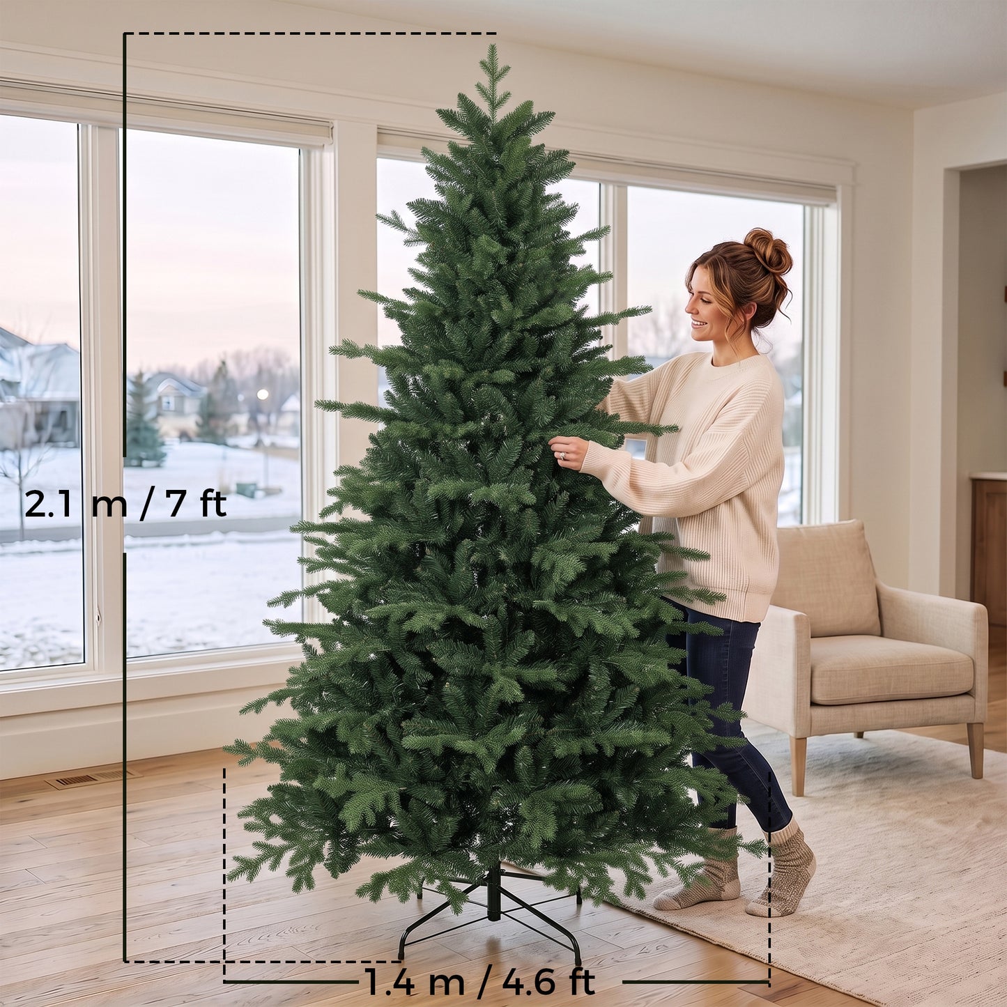HOMCOM 7ft Artificial Christmas Tree with 2080 Realistic Tips, Hinged Xmas Tree with Wide Shape for Home Office, Green