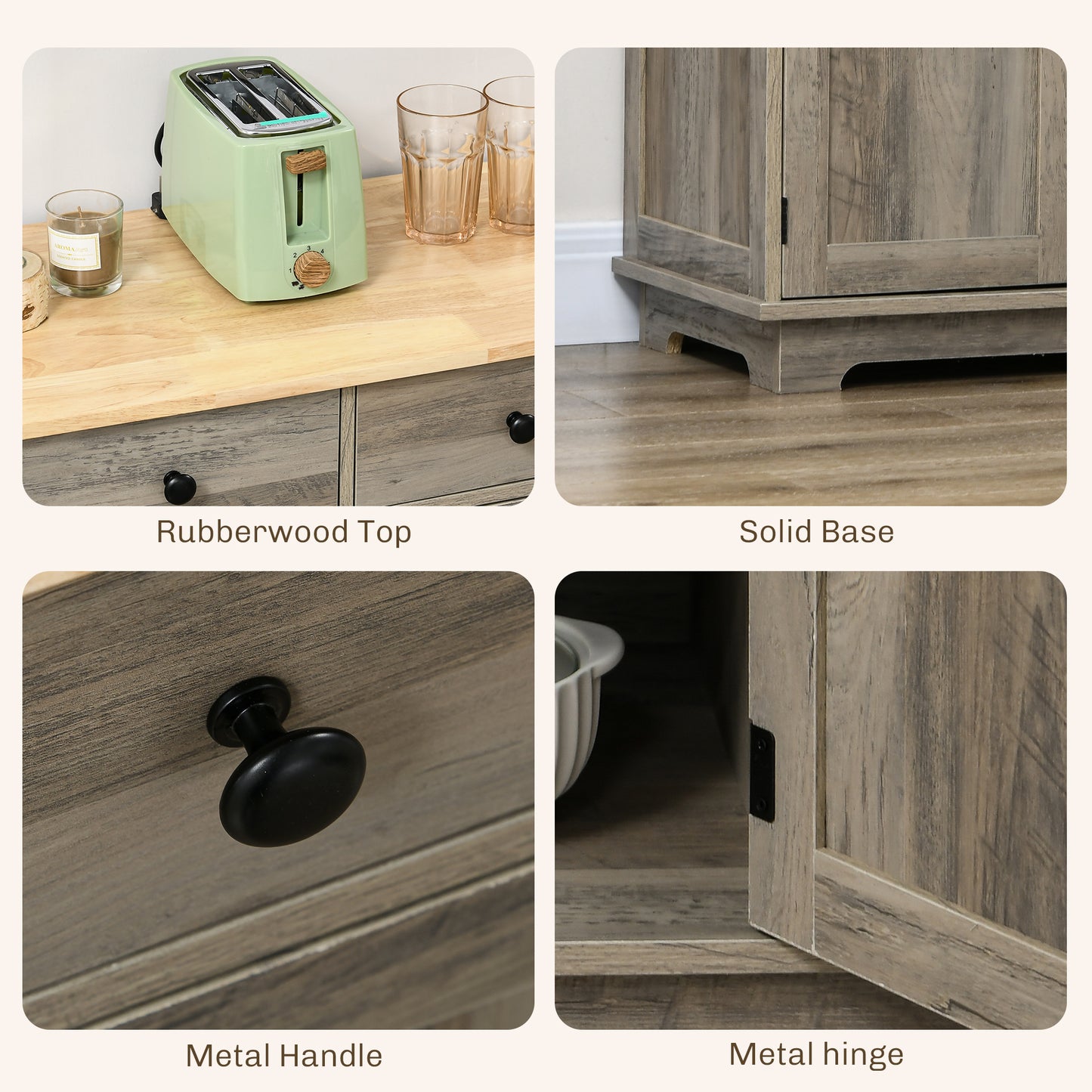 HOMCOM Sideboard with Rubberwood Top, Buffet Cabinet with Storage, Drawers, Adjustable Shelves for Dining Room/Kitchen, Grey Wood-Effect