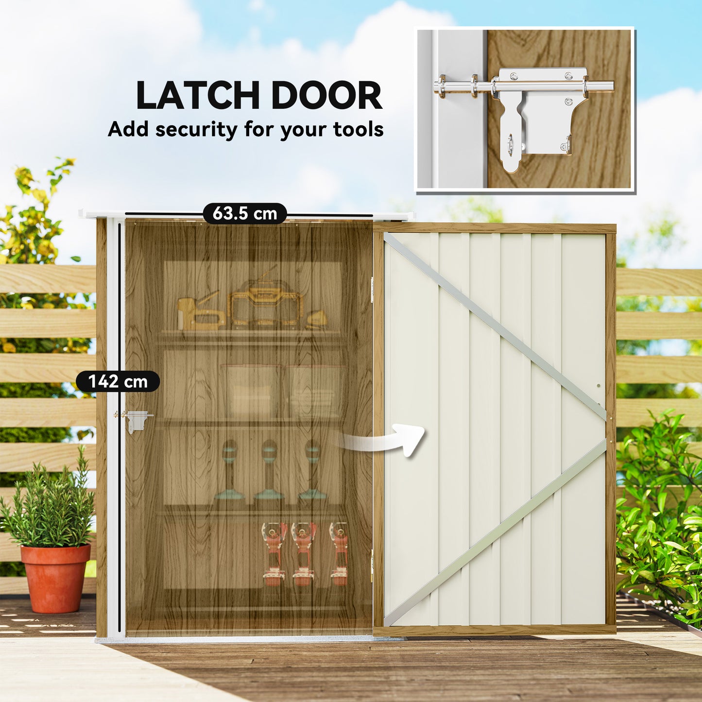 Outsunny 3.3 x 3.4ft Lean To Steel Garden Shed, with Locking Door - Light Brown Wood Effect/White