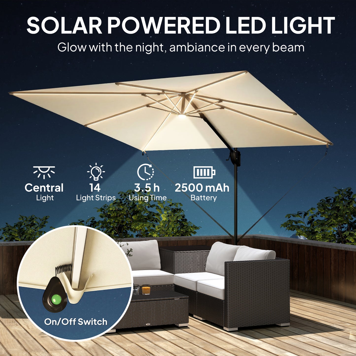 Outsunny 3 x 3 m Garden Cantilever Parasol w/ Light, Cover, UPF50+ Patio Umbrella w/ Wind Protection, 360° Rotation, Cream White