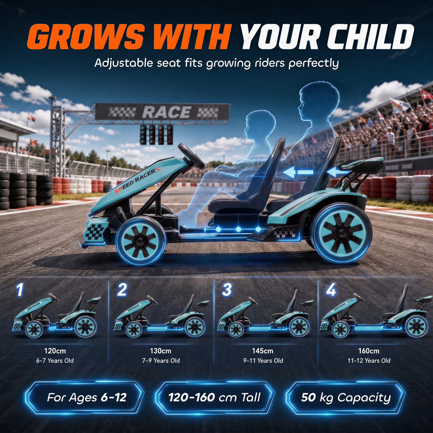 AIYAPLAY 24V Electric Go Kart for Kids 6-12 Years with Drift Mode, Adjustable Seat, 3 Speed, Slow Start, Light Blue