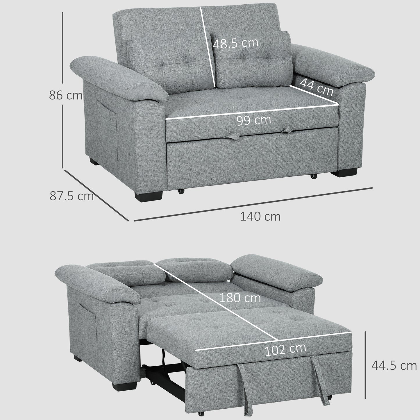 HOMCOM Pull Out Sofa Bed, 2 Seater Click Clack Sofa, Convertible Couch with Pillows & Side Pockets for Living Room, Light Grey