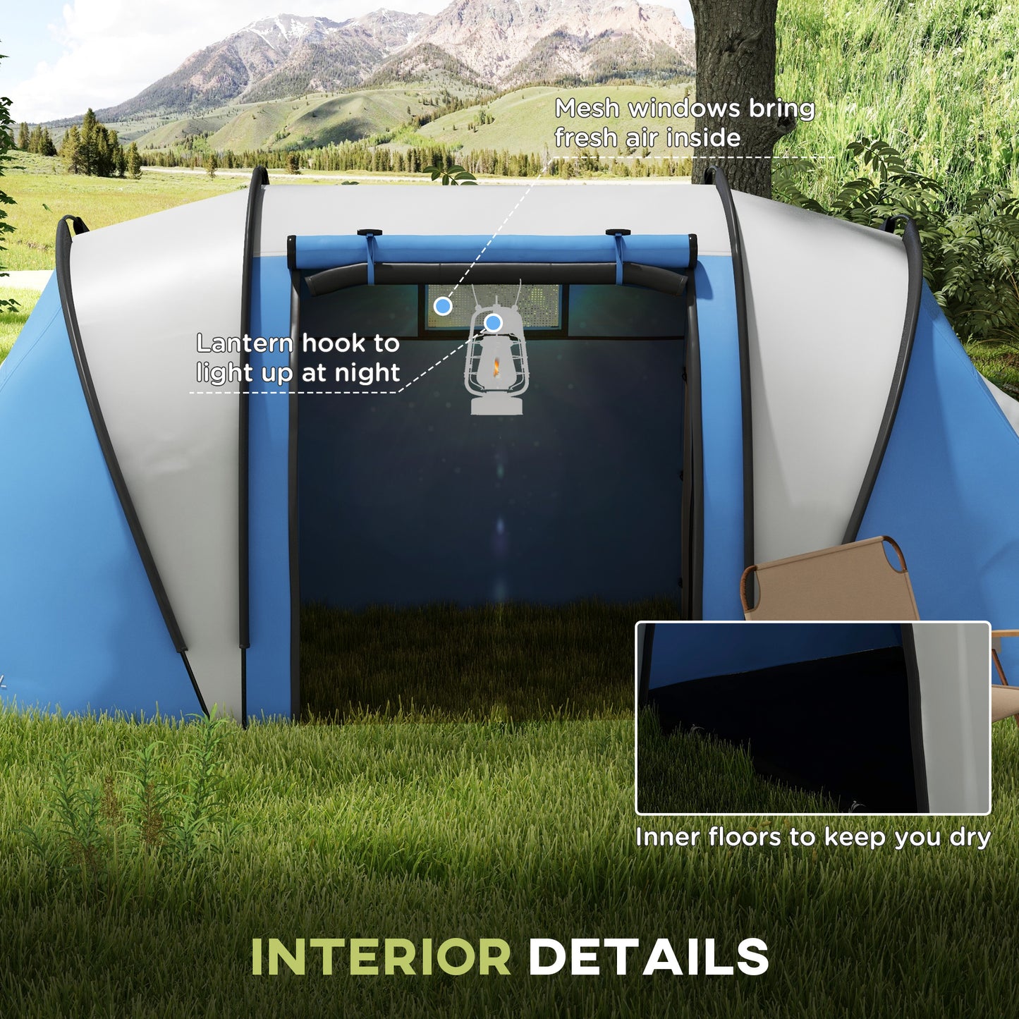 Outsunny Camping Tent with 2 Bedrooms and Living Area 3000mm Waterproof Family Tent for Fishing Hiking Festival Blue