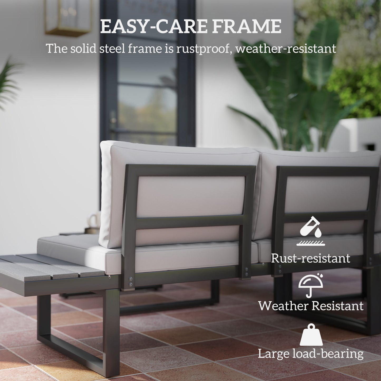 Outsunny 4-Piece Patio Set: 5-Level Recline Corner Sofa, Cushions, Wood Grain Table, Black Frame, Light Grey
