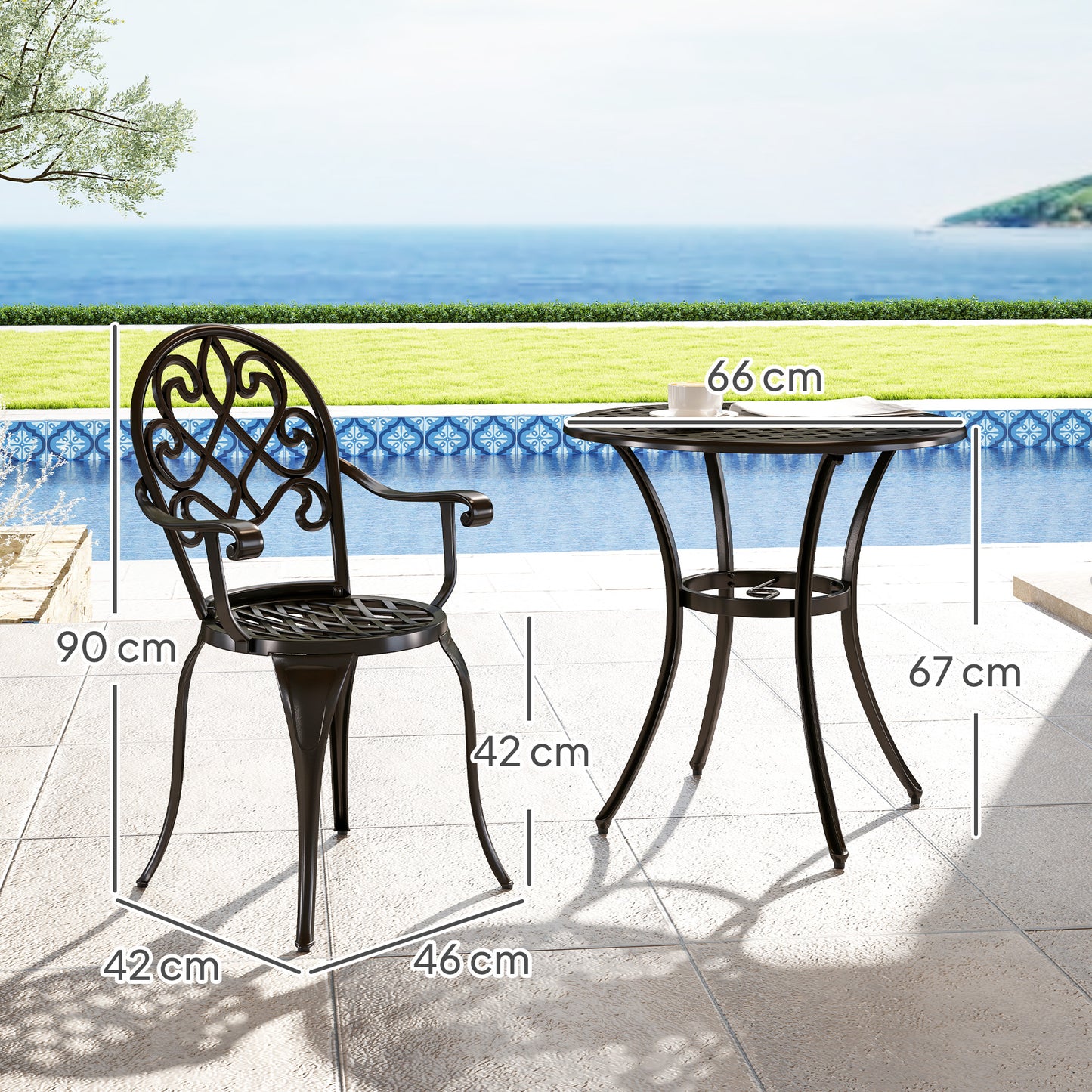 Outsunny 3 Piece Patio Bistro Set for 2, Outdoor Aluminium Garden Table and Chairs with Adjustable Footpads for Balcony, Garden and Patio, Black