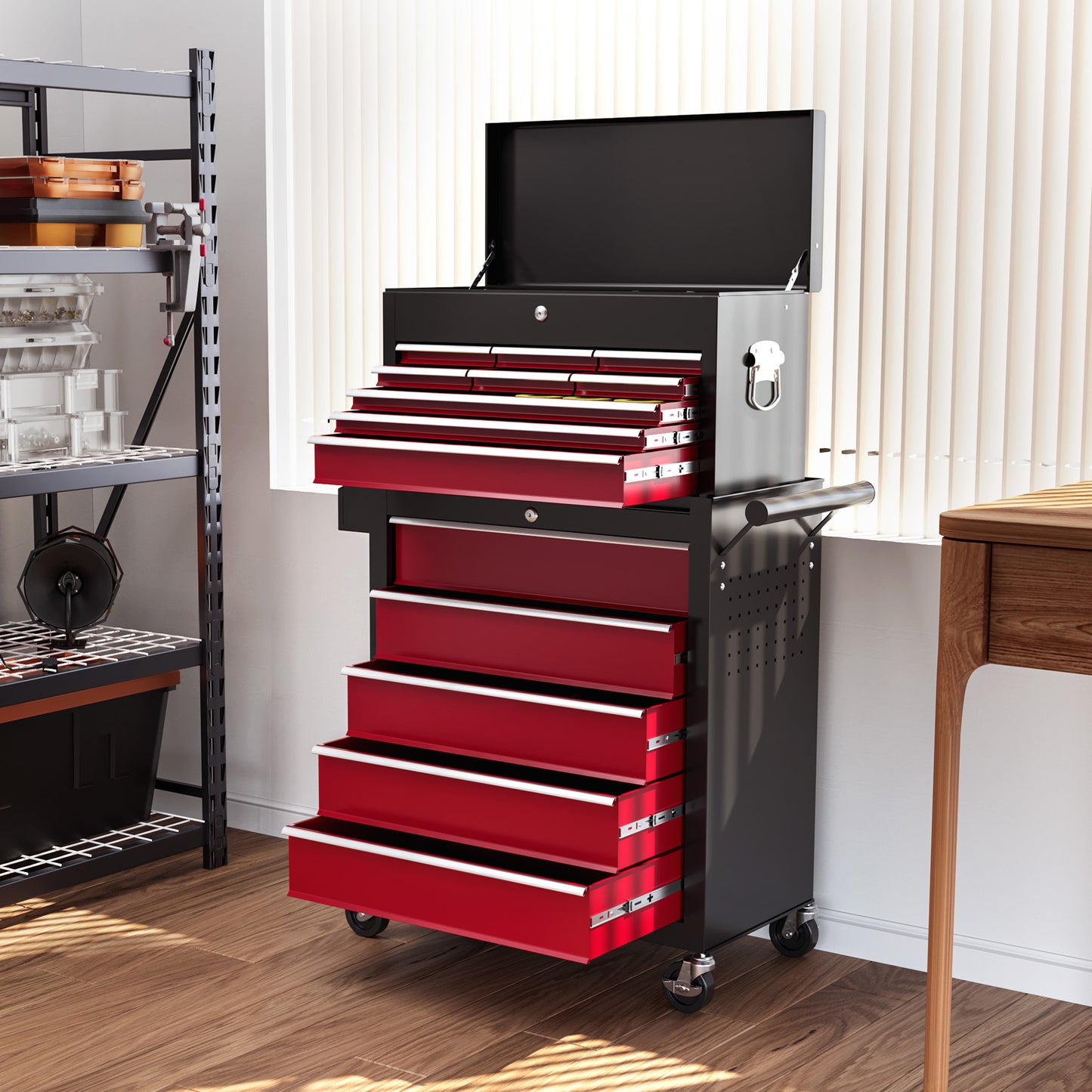 HOMCOM Rolling Tool Cabinet on Wheels with 14 Drawers, Pegboard and Side Rack, Lockable Top Tool Chest and Roller Cabinet Combo for Workshop and Home, Red