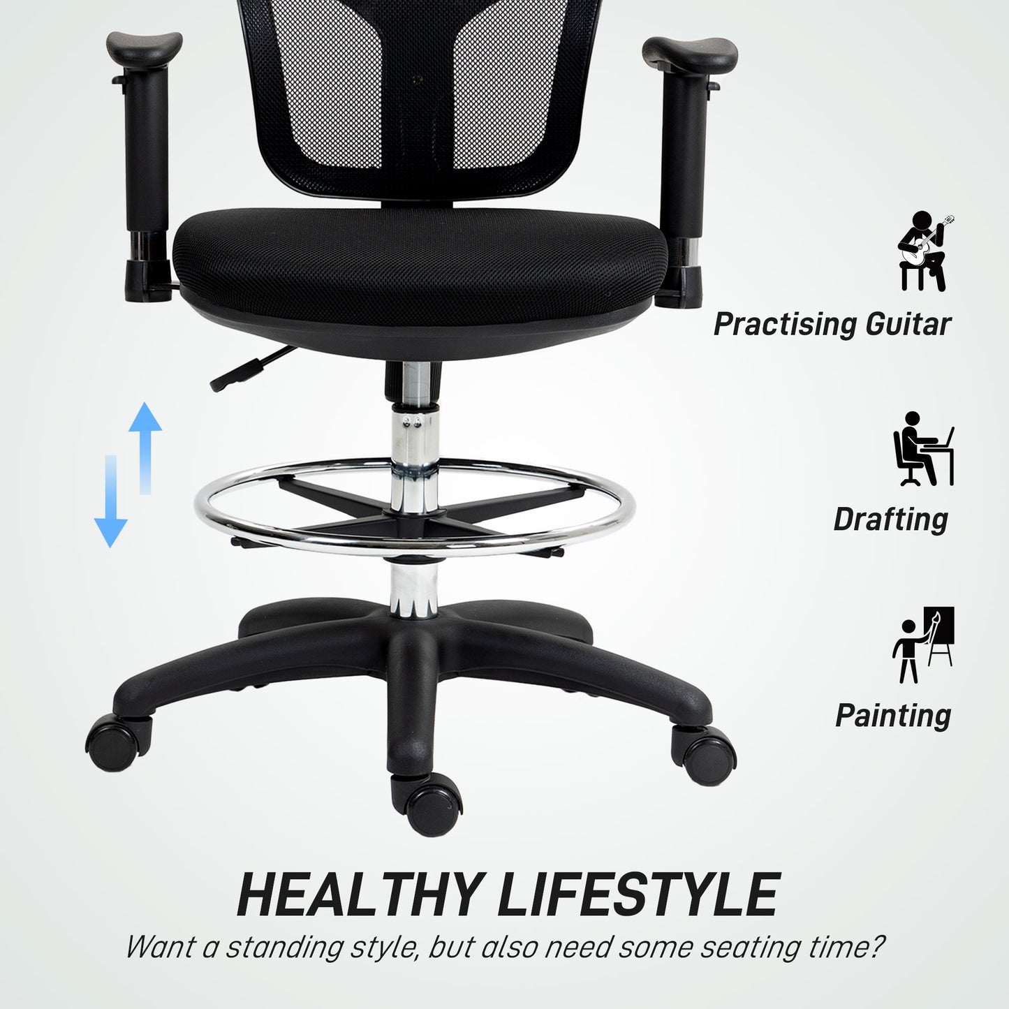 HOMCOM Drafting Chair with Adjustable Armrests, Ergonomic Mesh Back, Lumbar Support, Height & Footrest Adjustments for Standing Desk, Black
