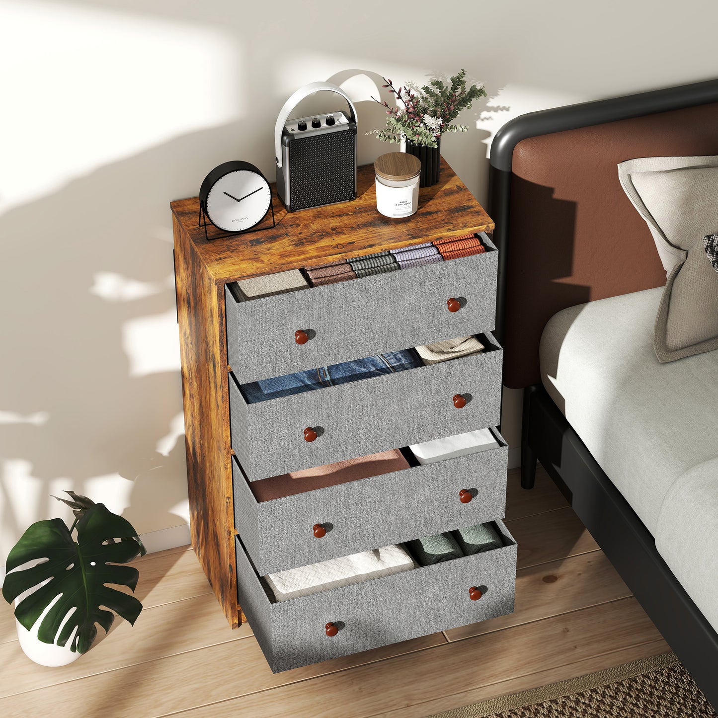 HOMCOM Chest of Drawers, Dresser with 4 Fabric Drawers - Grey and Rustic Brown