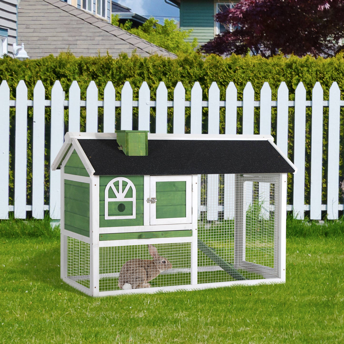 PawHut Rabbit Hutch Wood Bunny Cage for Outdoor Indoor w/ Pull Out Tray Run Box Ramp