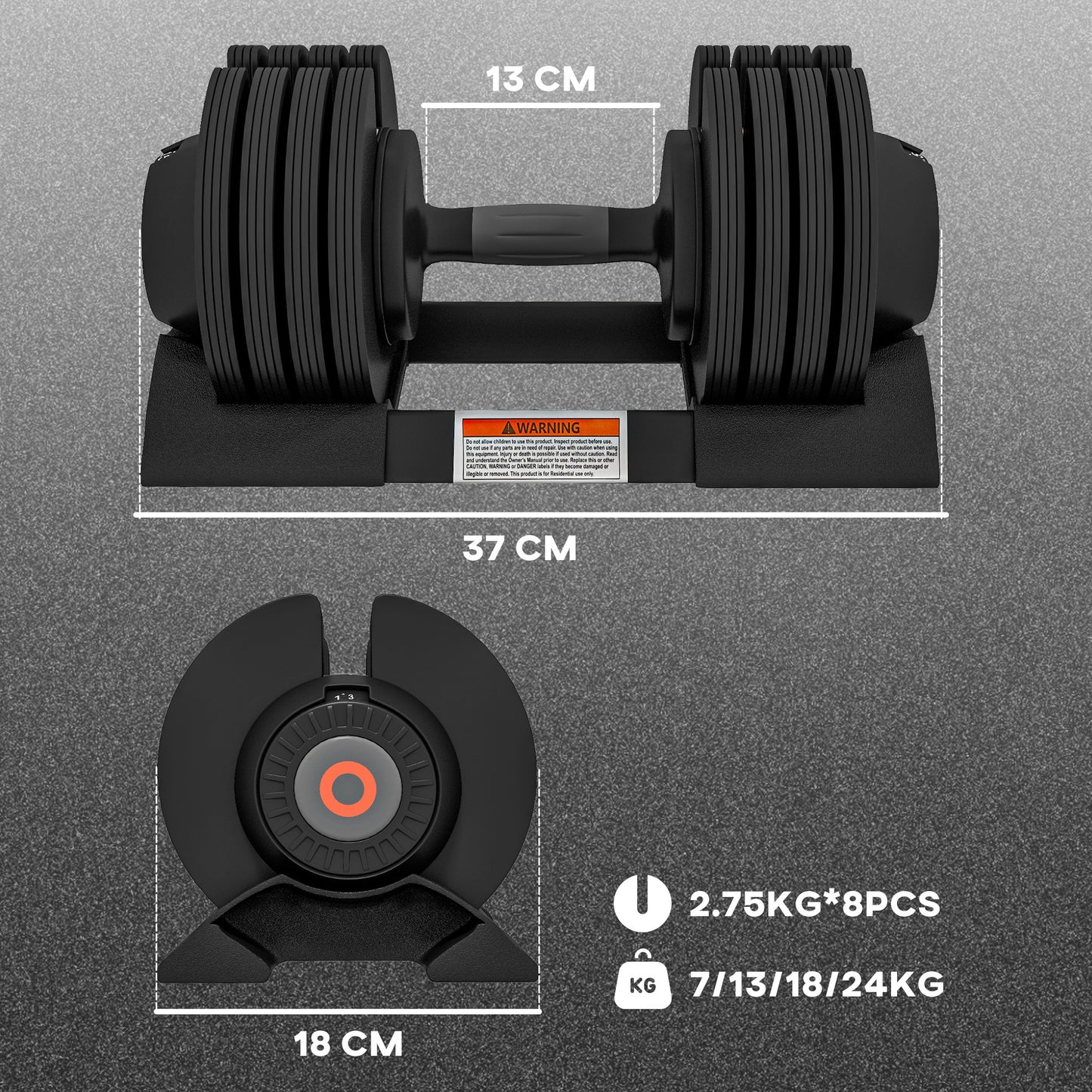 SPORTNOW Adjustable Dumbbells Set 4-in-1 Weights Set with Storage Tray and Non-Slip Handle 7KG 13KG 18KG 24KG