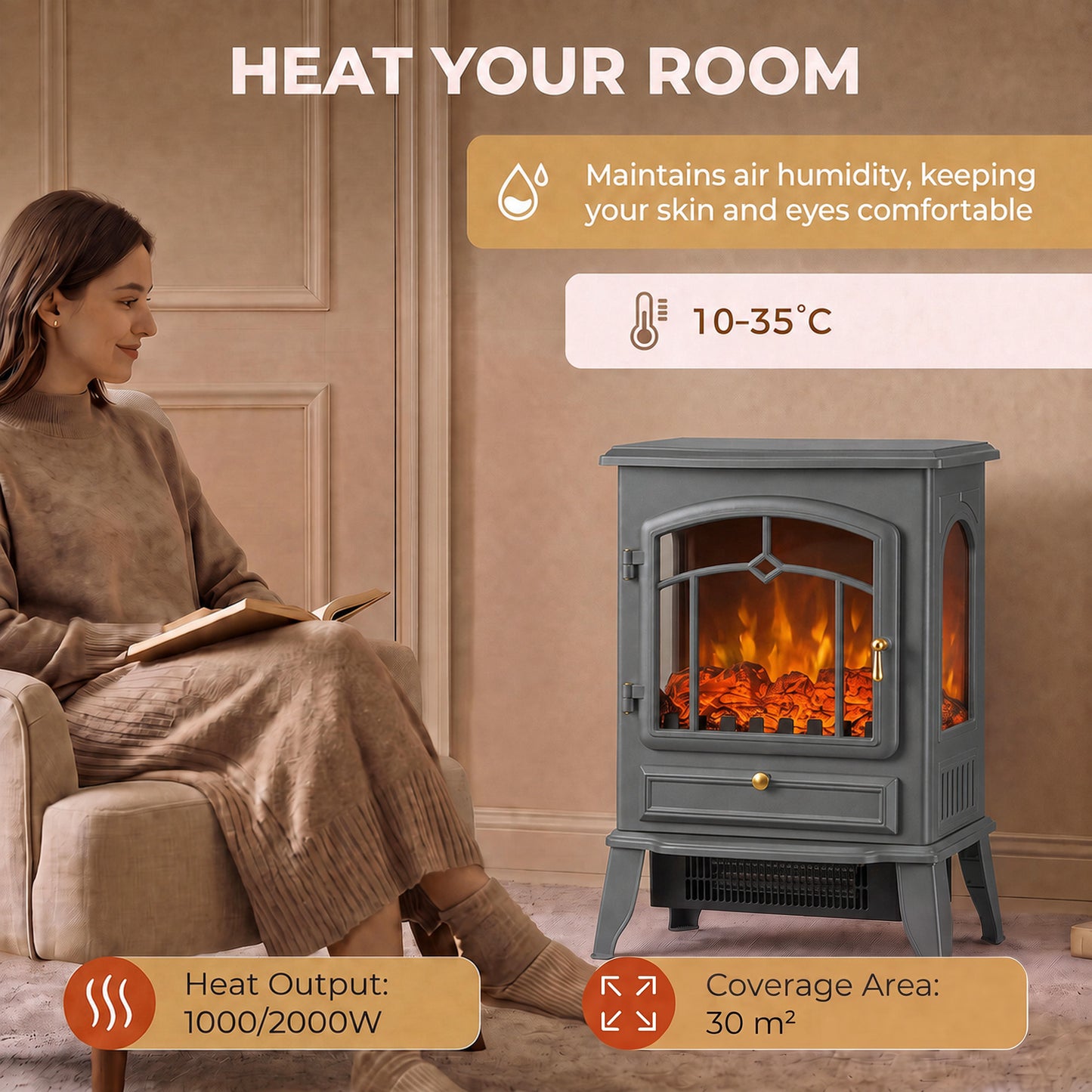 HOMCOM Electric Fireplace Stove, 1000/2000W 3-Sided Freestanding Fireplace Heater with 3D Flame Log, Thermostat, Grey