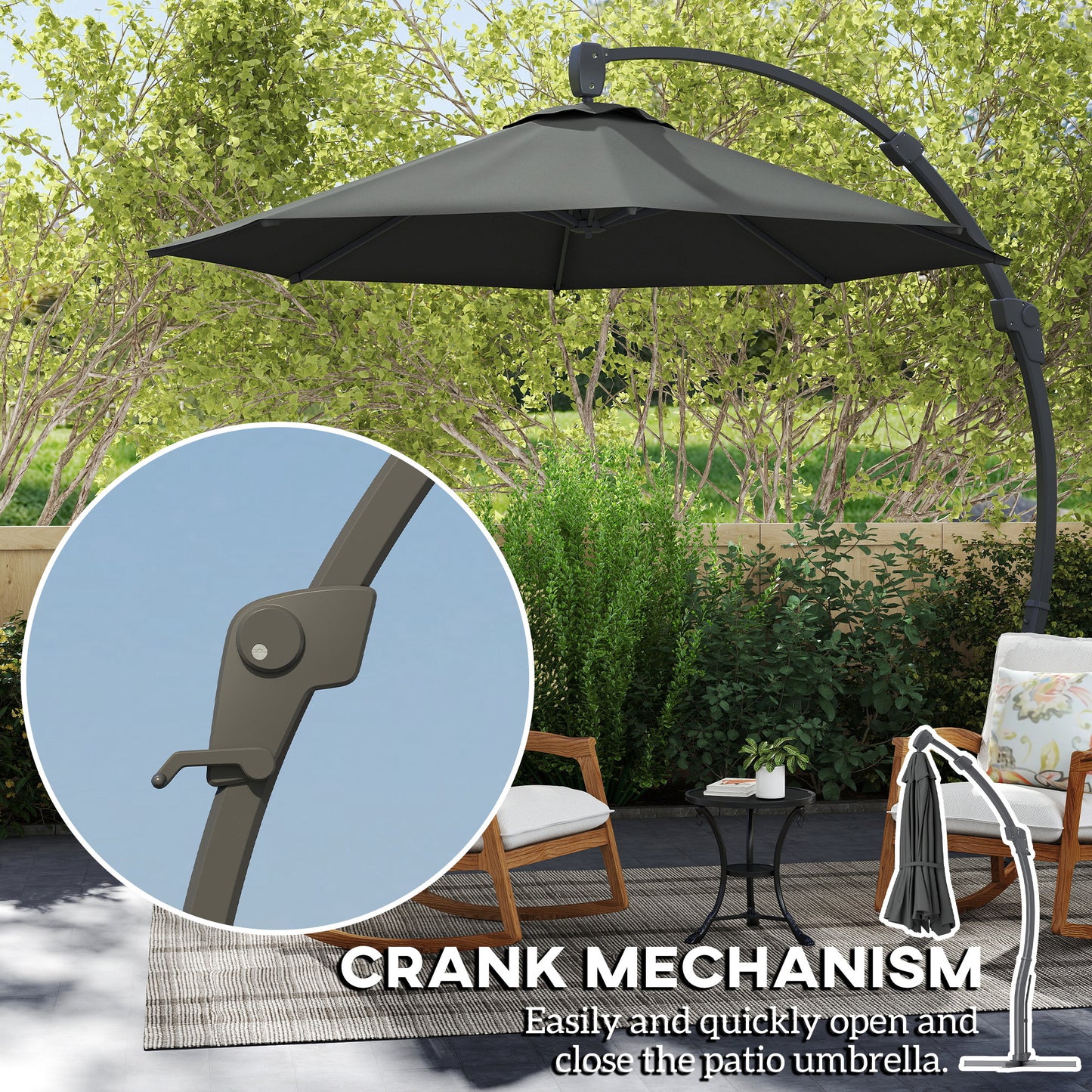 Outsunny Garden Cantilever Parasol, Round Umbrella with Crank, Cross Base, Aluminium Frame, 360° Rotation for Outdoor Sun Shade, Grey