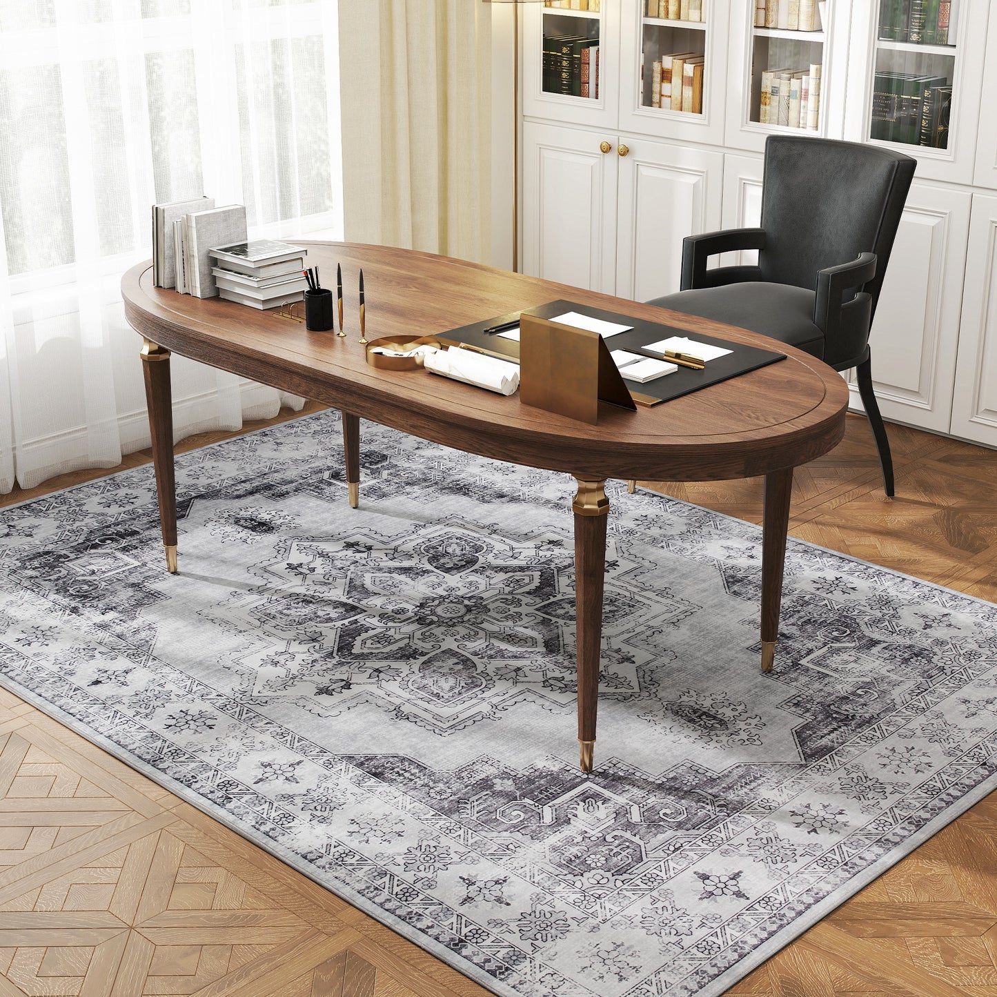 HOMCOM Vintage Area Rug, Floral Pattern, Non-Slip, Washable Flannel Carpet for Living Room, Bedroom, Dining Room, Home Office, 230x160 cm, Grey