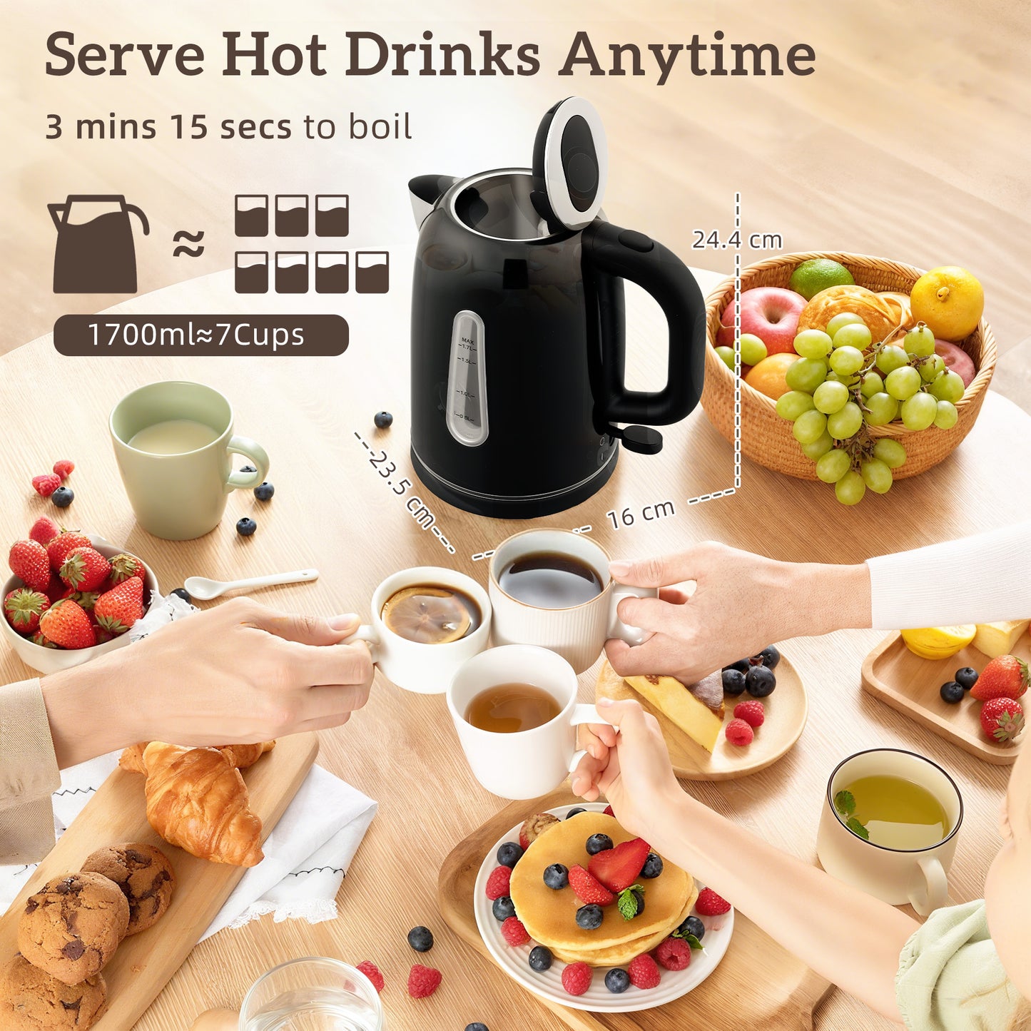 HOMCOM Kettle & Toaster Set: 1.7L 3000W Rapid Boil Jug with Strix Thermostat, Limescale Filter; 4 Slice Toaster, 7 Browning Controls, Crumb Tray, Black