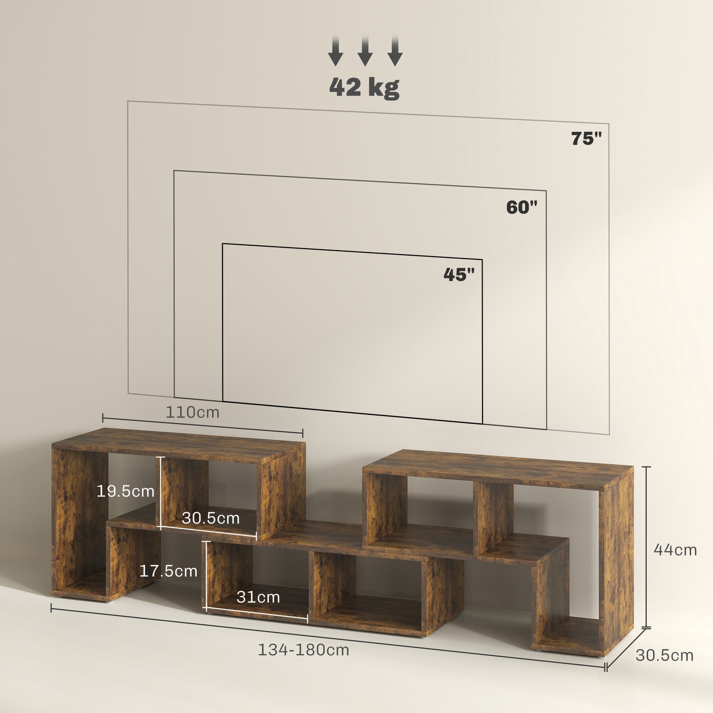 HOMCOM TV Stand for TVs up to 75 Inches, TV Unit with Storage Shelves, Rustic Brown