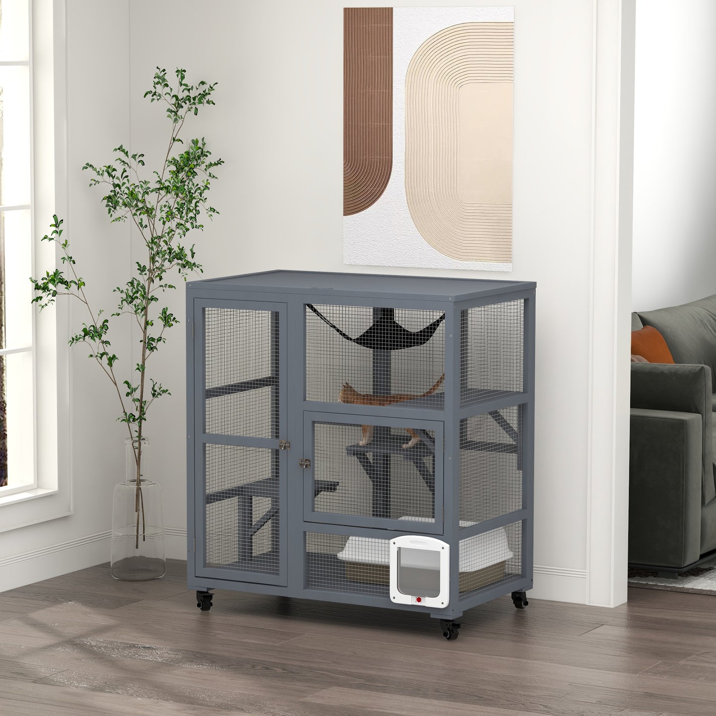 PawHut Cat Cage House, Catio Cat Outdoor Enclosure on Wheels - Light Grey