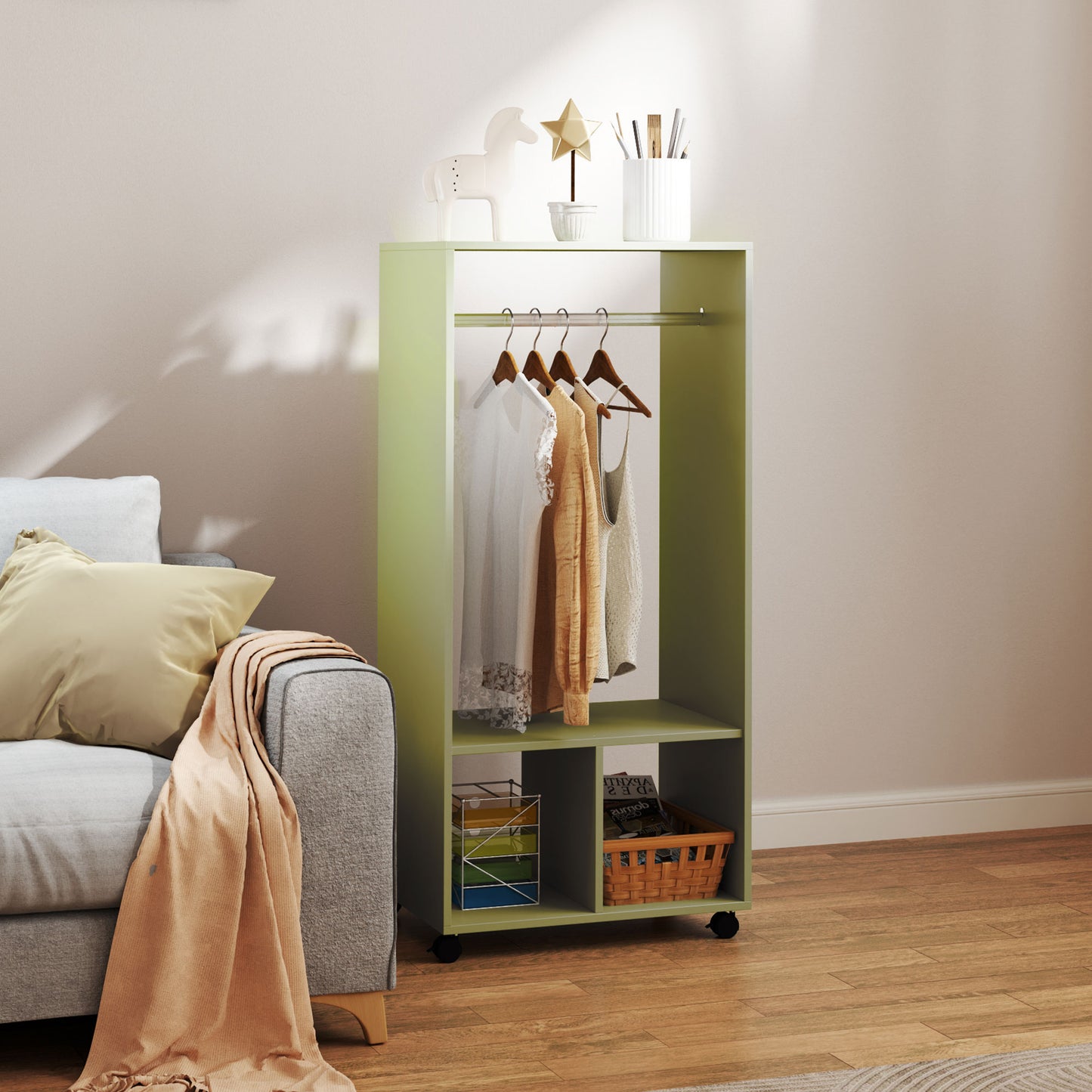 HOMCOM Wardrobe on Wheels with Clothes Rail, Storage Shelves, Mobile Garment Rack for Bedroom, Hallway, Cloakroom, Green
