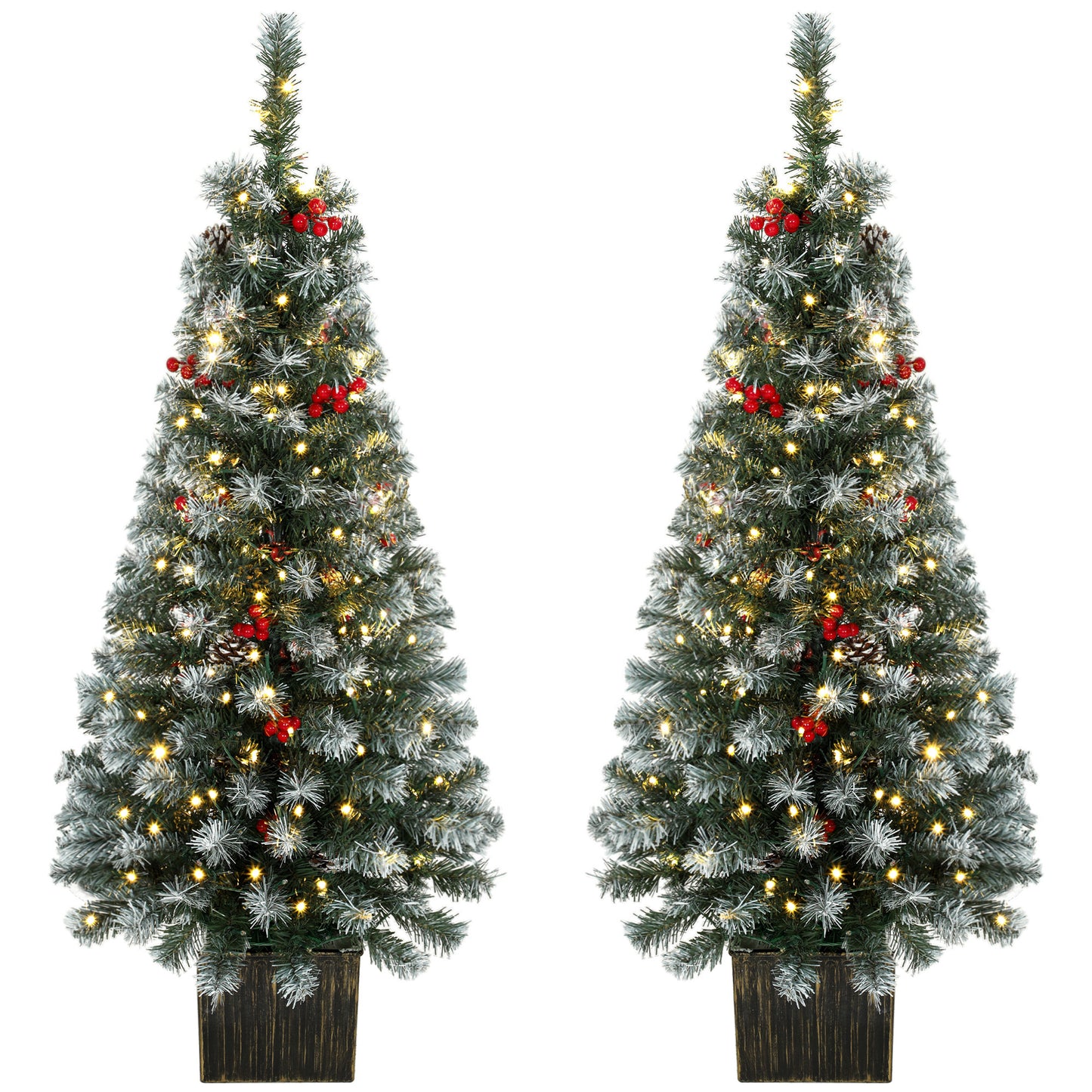 HOMCOM 4ft Pre-Lit Slim Artificial Christmas Tree Set of 2, with 100 Dual-Colour LED Lights, 140 Frosted Branch Tips