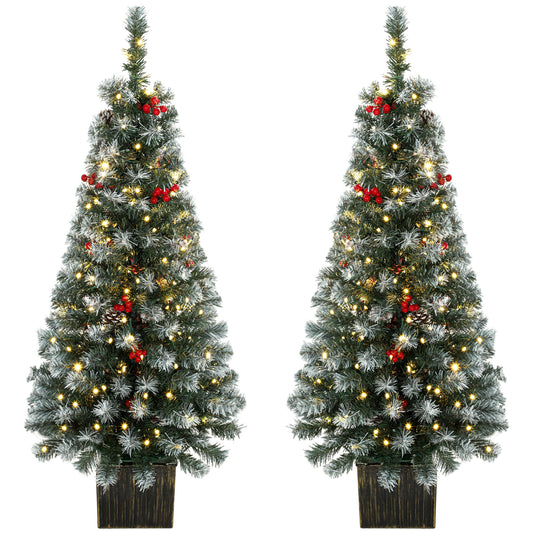 HOMCOM 4ft Pre-Lit Slim Artificial Christmas Tree Set of 2, with 100 Dual-Colour LED Lights, 140 Frosted Branch Tips
