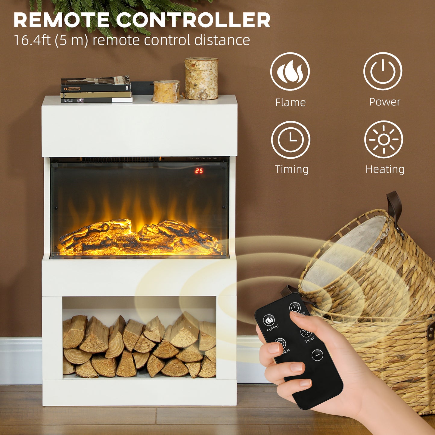 HOMCOM Electric Fireplace with 3D Flame, 6 Colors, 3 Brightness, 1000W/2000W, Remote & Timer, 3-Sided View, Heats 30m², White