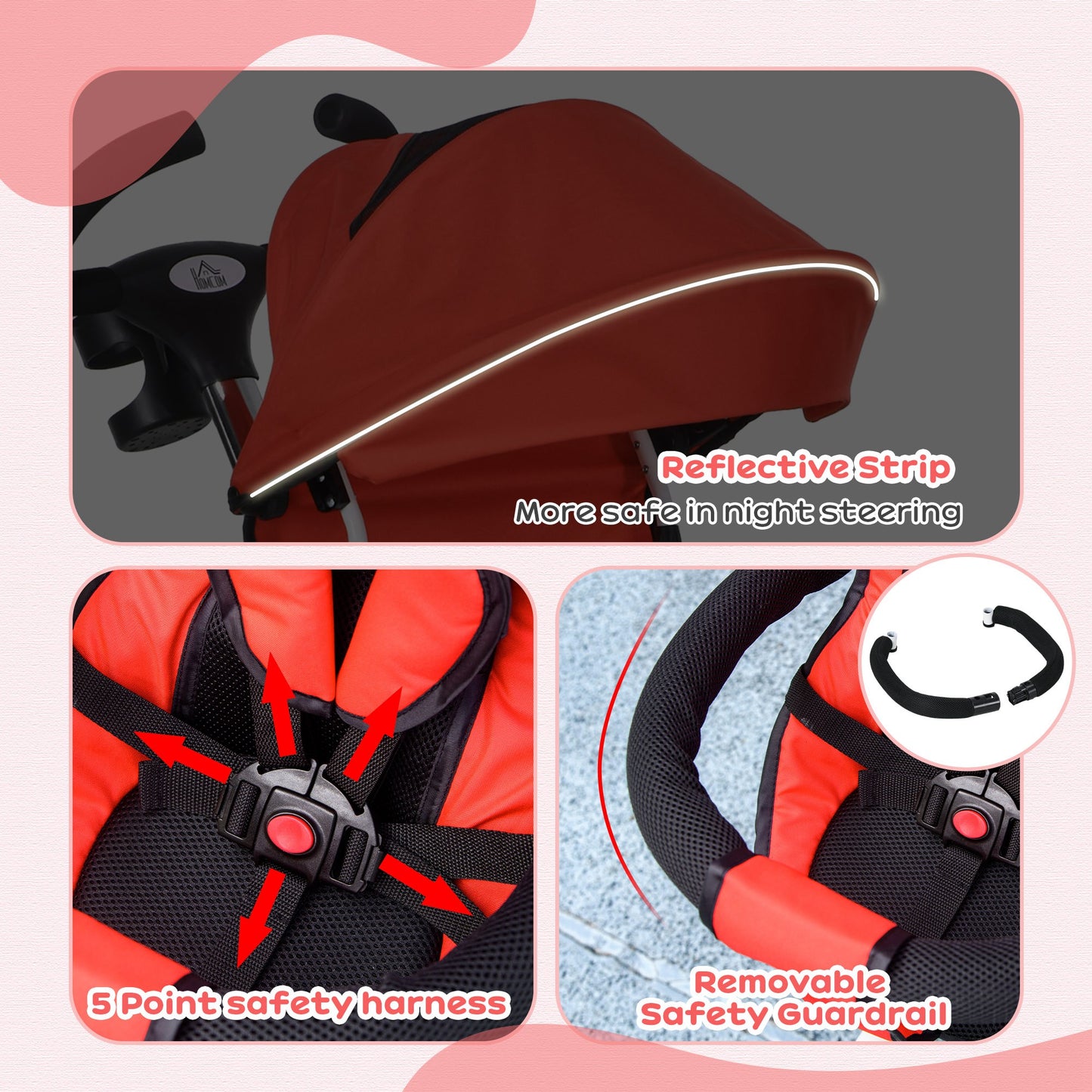 HOMCOM Metal Frame 4 in 1 Baby Push Tricycle with Parent Handle for 1-5 Years Old Red