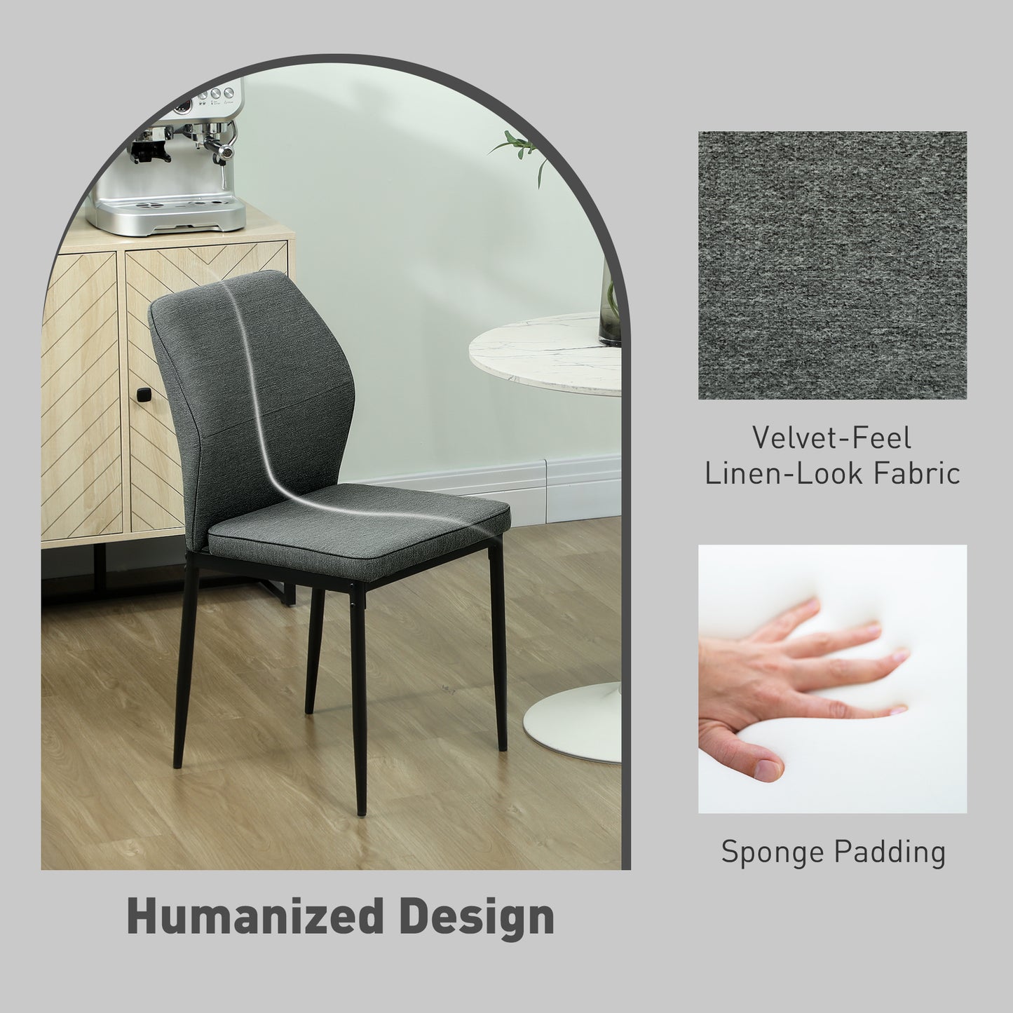 HOMCOM Velvet Dining Chairs Set of 2, Upholstered with Metal Legs, Curved Back, Padded Seat, Armless for Dining, Bedroom, Living Room, Grey