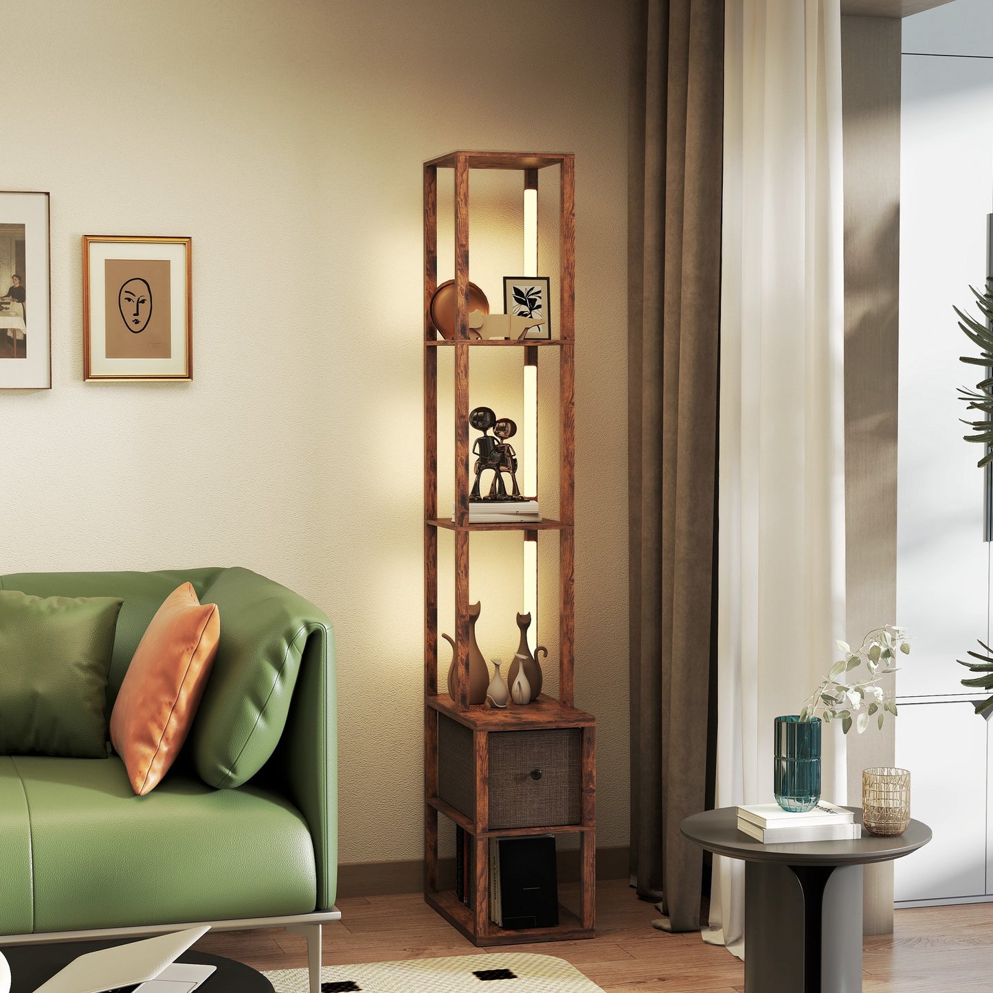 HOMCOM Floor Lamp with Shelves, LED Column Modern Standing Lamp, Adjustable Brightness, Foot Switch, Fabric Drawer, Rustic Brown