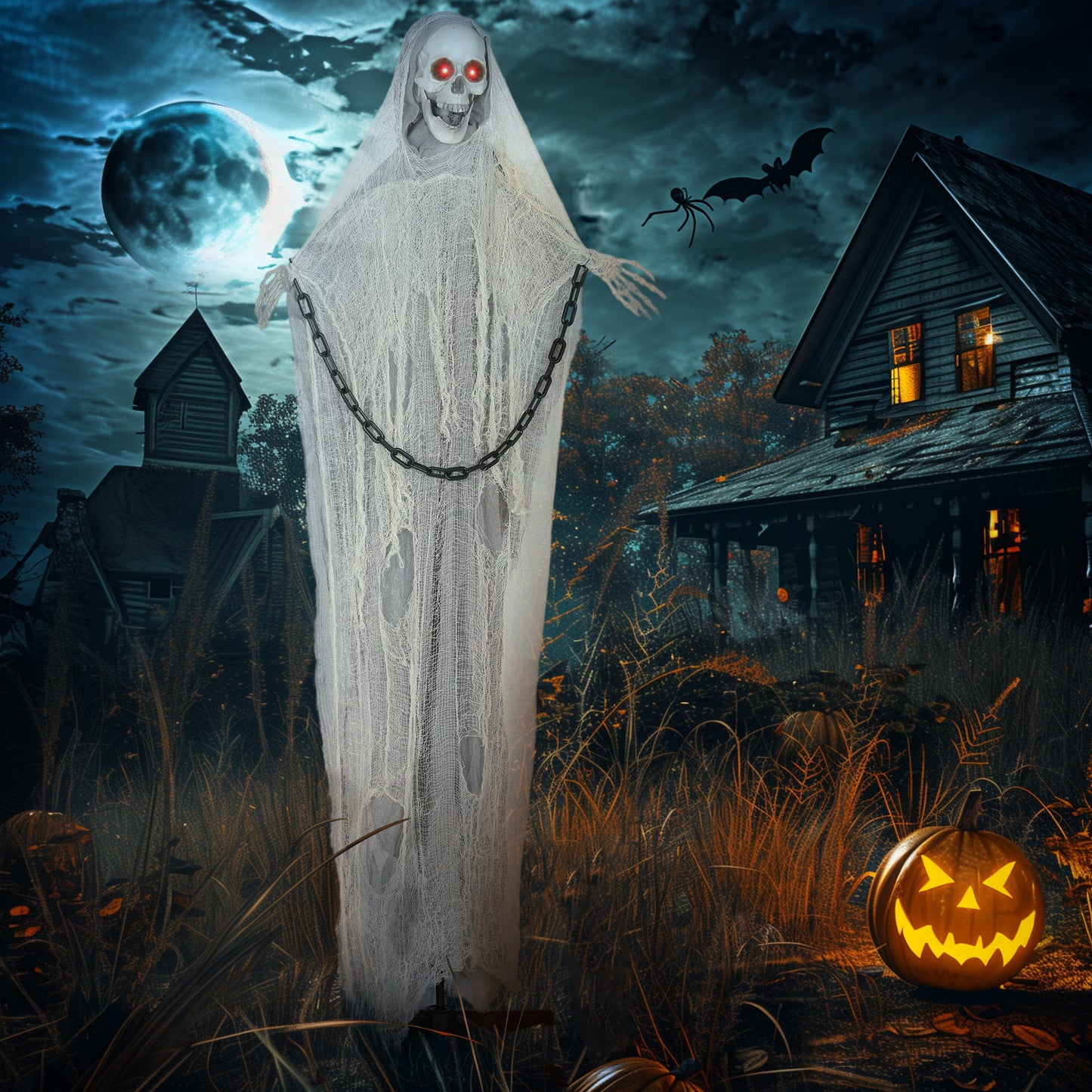 Outsunny 183 cm Life Size Animated Skeleton Grim Reaper with Glowing LED Eyes, Scary Halloween Decorations, Battery Operated, Indoor Props