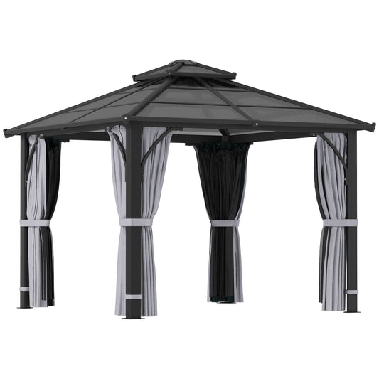 Outsunny 3x3m Hardtop Gazebo with Polycarbonate Roof, Mosquito Netting, Curtains, Patio Pavilion, Dark Grey