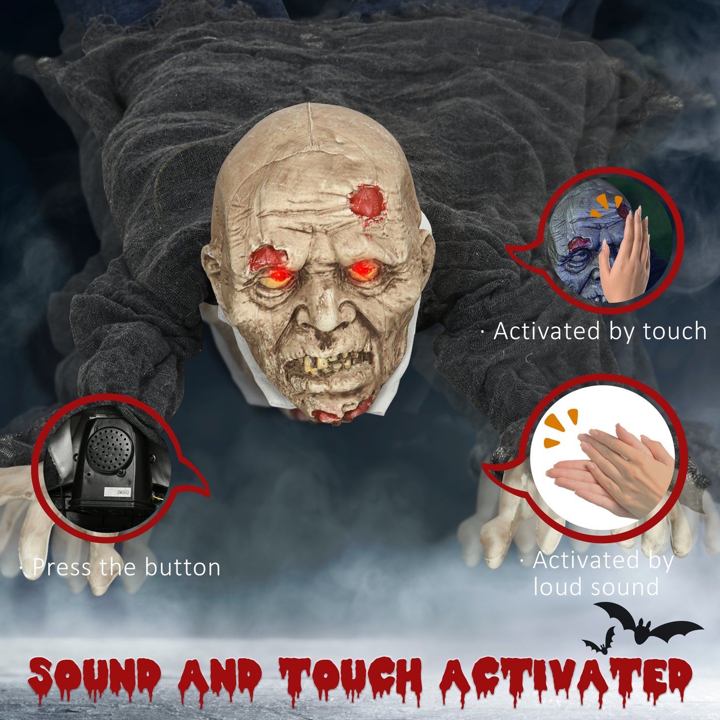 HOMCOM 5.2ft Life Size Outdoor Halloween Crawling Zombie, Animated Prop with Sound, Motion Activation, Light Up Eyes, Posable Arms, Howling Sound, Outdoor