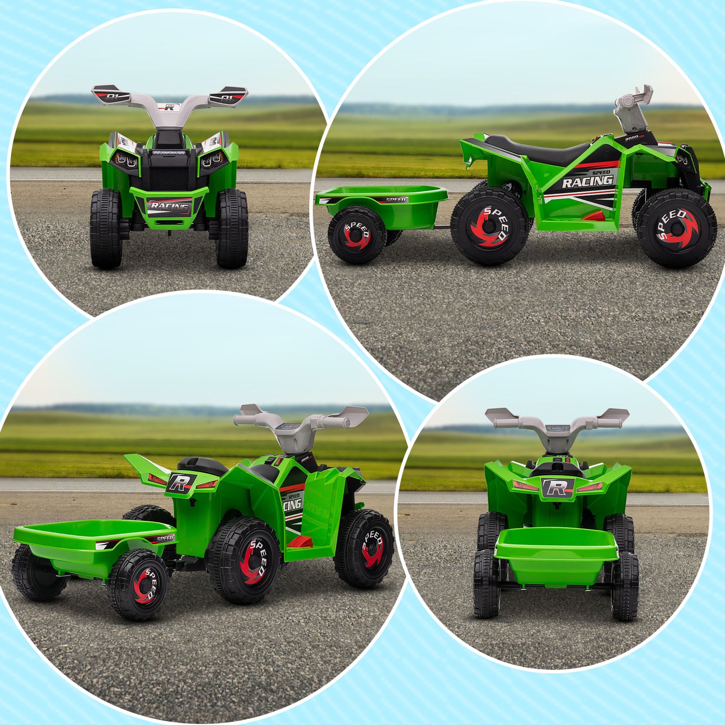 HOMCOM 6V Quad Bike with Back Trailer Wear-Resistant Wheels for Ages 18-36 Months Green