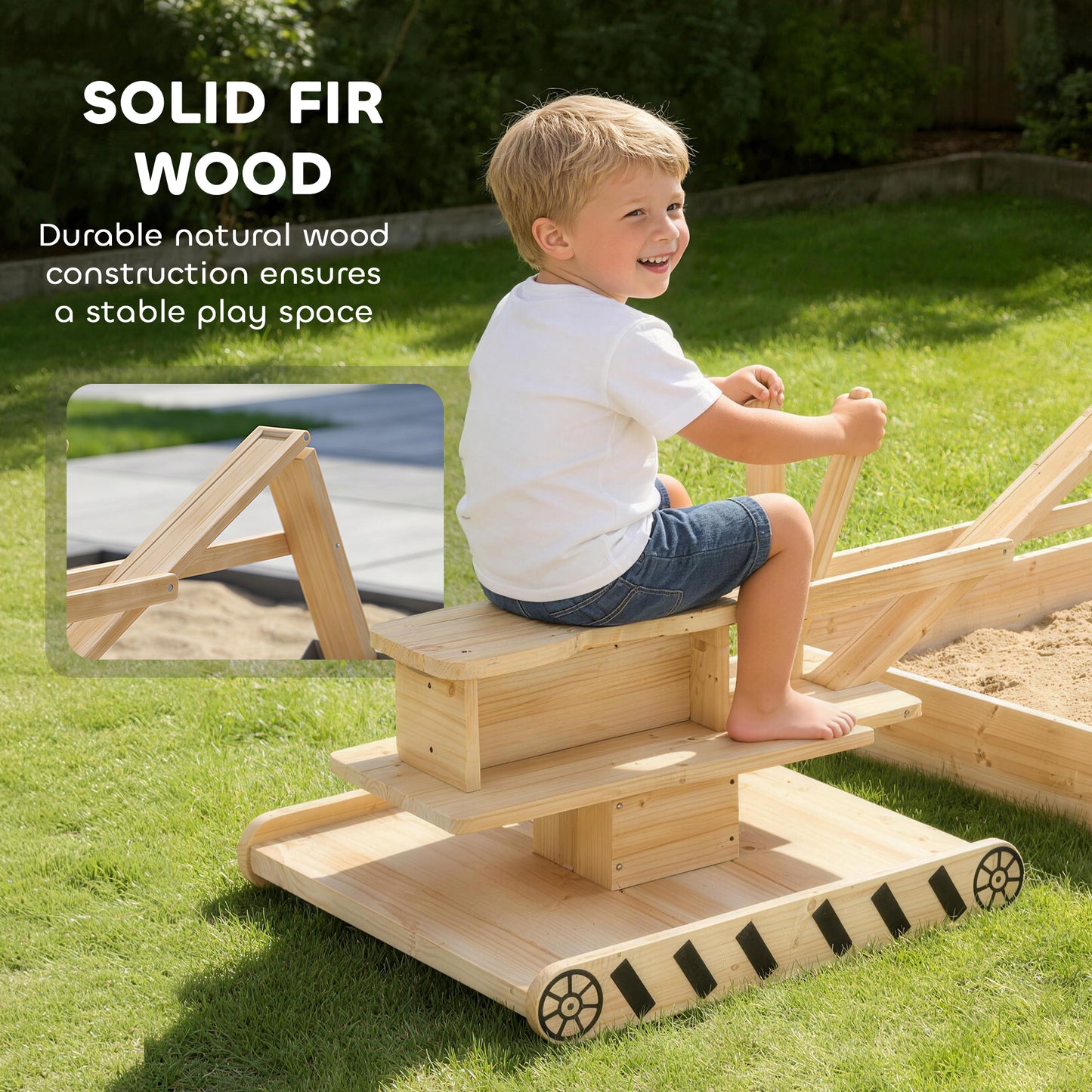 AIYAPLAY Wooden Sand Pit with Digger, Kids Sandbox Outdoor, SandPit with 360° Swivel Seat and Bottom Liner