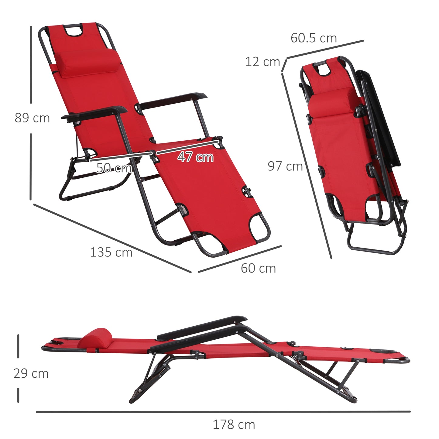 Outsunny 2 in 1 Folding Sun Lounger Reclining Garden Chair Set of 2, Adjustable Backrest, Zero Gravity with Head Pillow, Armrests, Red