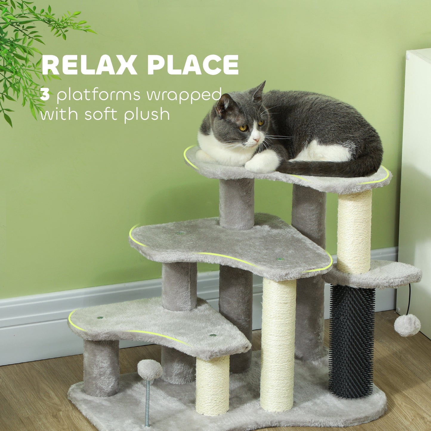 PawHut Cat Tree 2 in 1 Pet Stairs w/ Scratching Tickling Post, Toy Balls, for Bed, Sofa, Couch, Light Grey