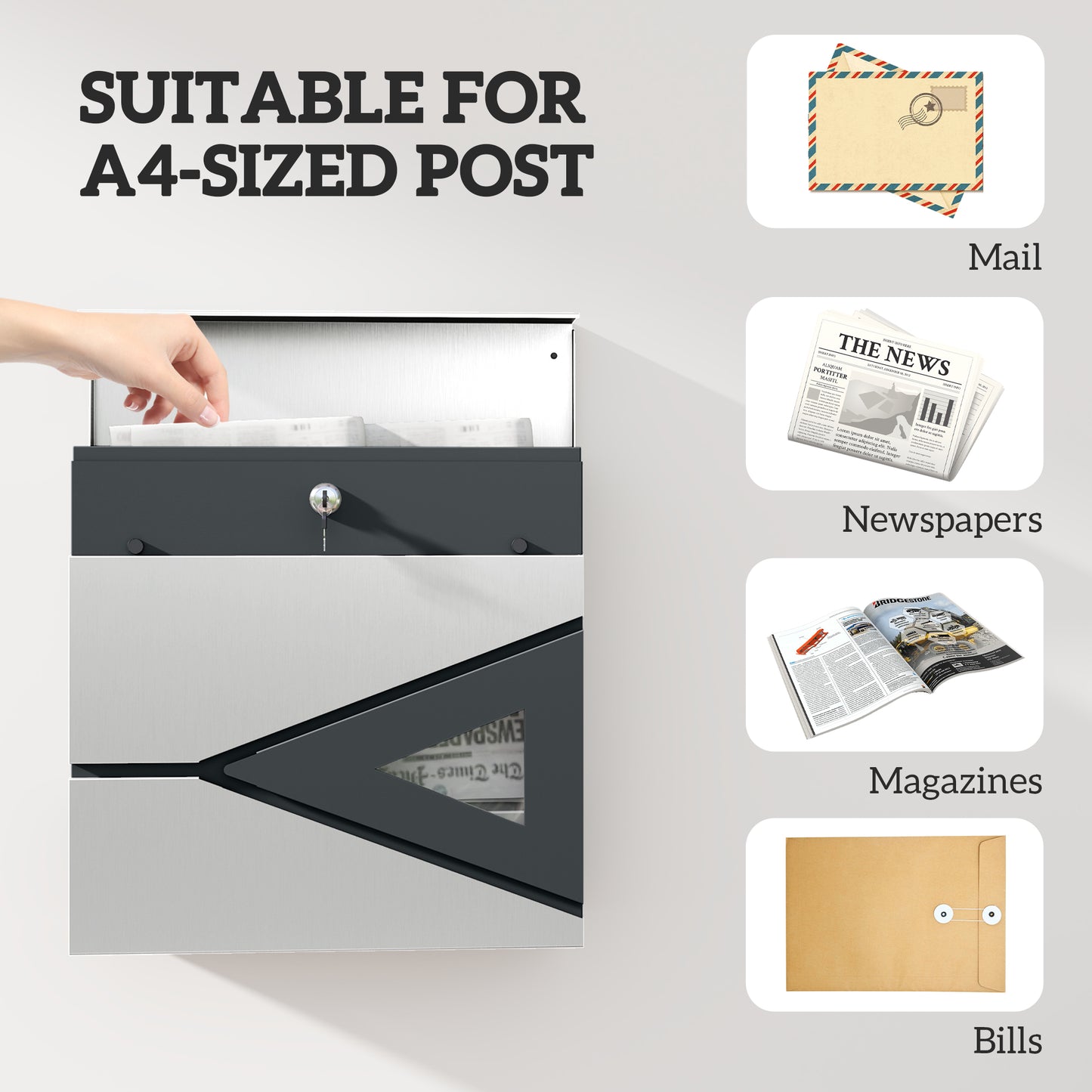 HOMCOM Wall Mounted Post Box with Viewing Window, 2 Locks, Modern Galvanised Steel, Weatherproof, Easy Install, Copper Core Mailbox, Silver